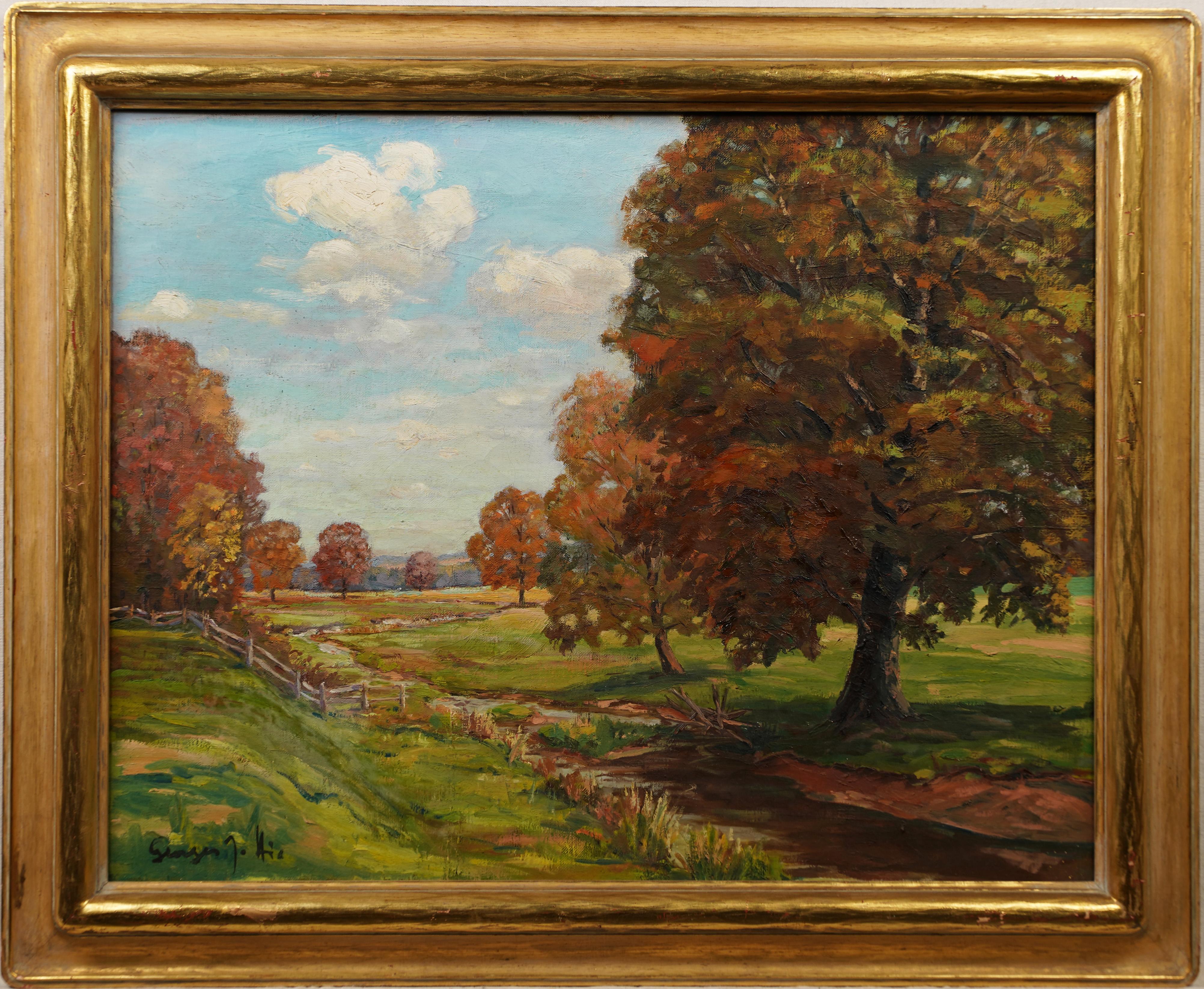 Antique American impressionist landscape oil painting.  Oil on canvas.  Signed.  Framed.
