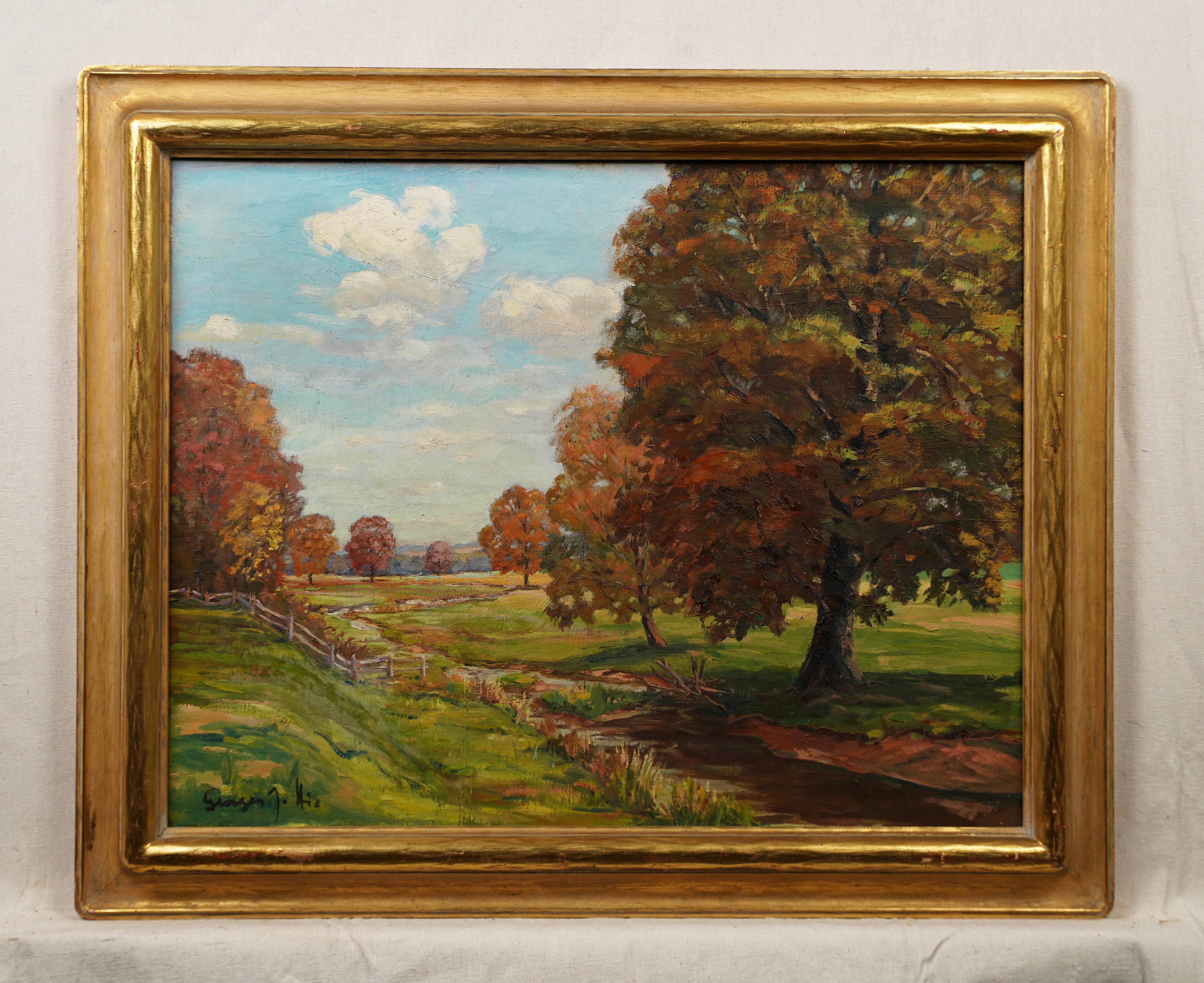 Antique American Impressionist Fall Landscape Signed Framed Original Painting For Sale 1