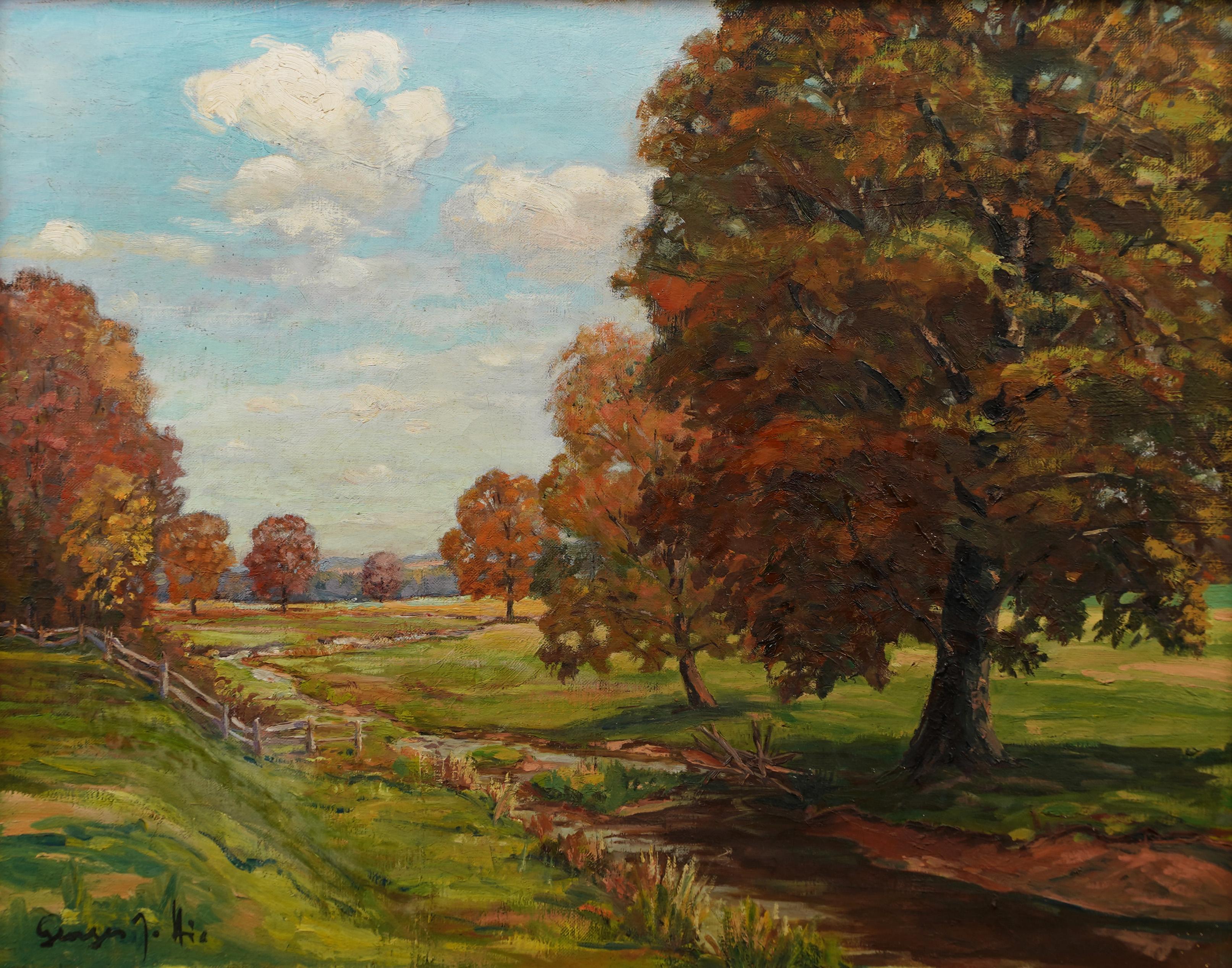 Antique American Impressionist Fall Landscape Signed Framed Original Painting For Sale 2