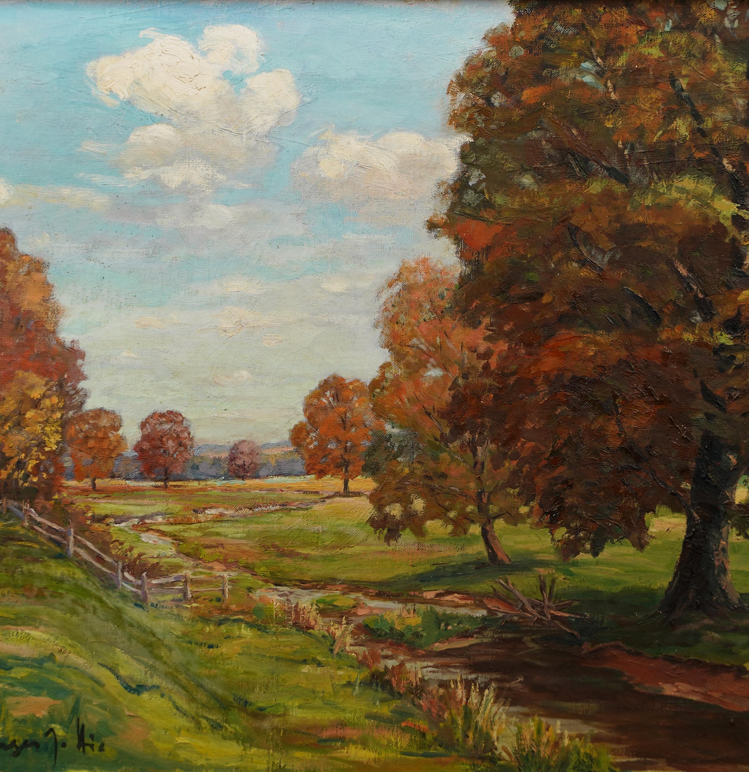 Antiguo paisaje otoñal impresionista americano Pintura original enmarcada y firmada 1