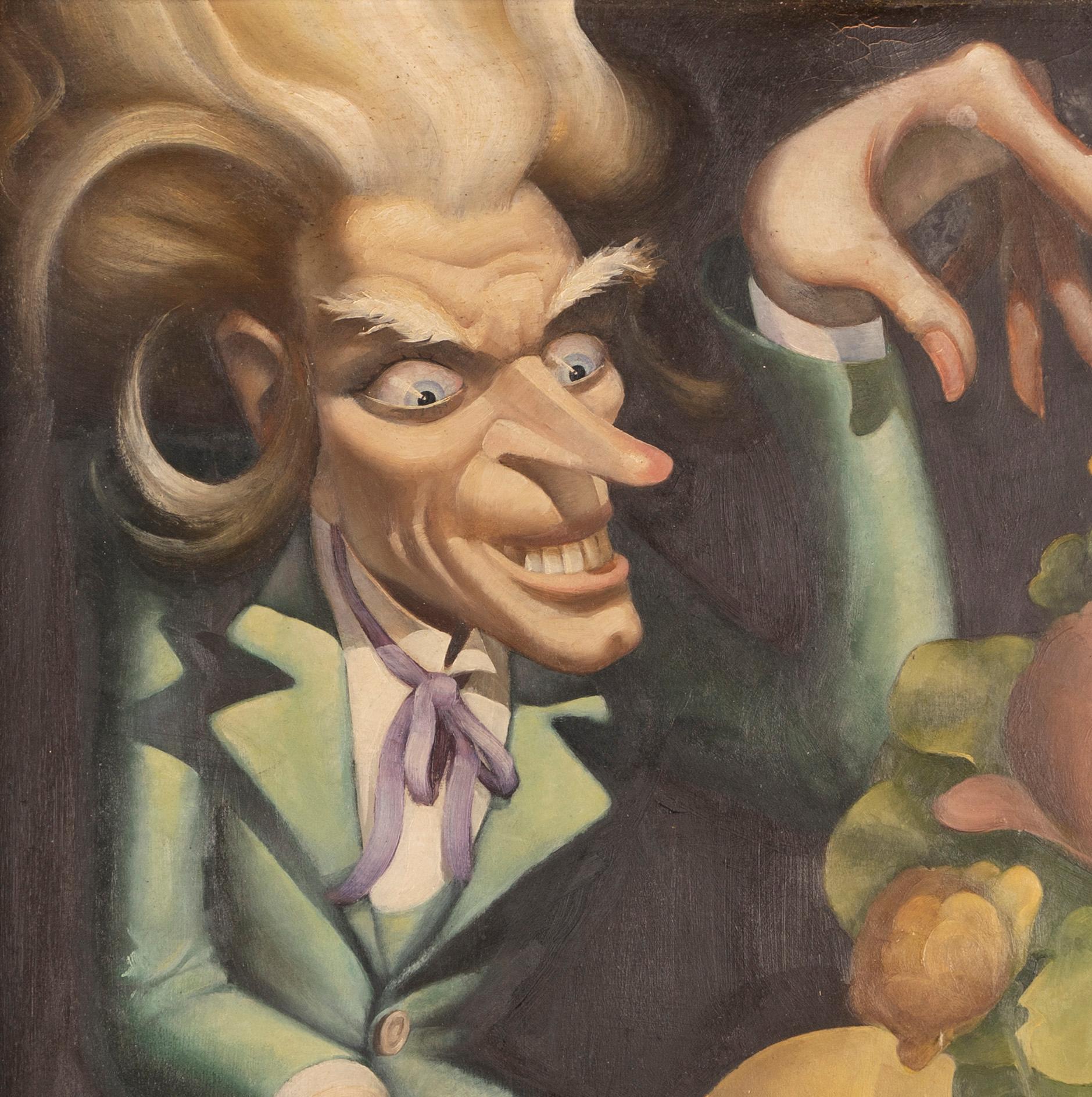 Antique American surrealist portrait painting of a musician.  Oil on board, circa 1930.  Signed.  Image size, 17.5L x 22H.  Housed in a period  modern frame.

