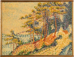 Antique American Impressionist Fall Landscape Signed Pointillist Oil Painting