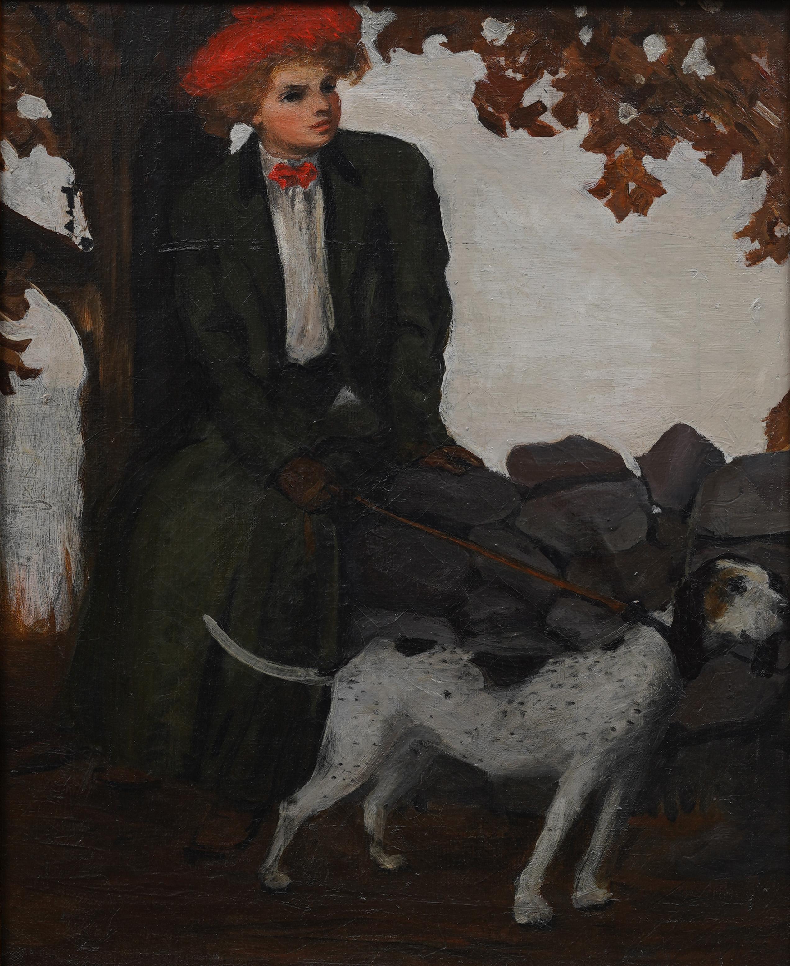 Impressive early American impressionist fall landscape.  An elegant woman out for a walk with her dog.  Finely painted with great color.  Housed in a period gold giltwood frame.  Oil on canvas. Excellent condition, ready to hang.  Image size, 18