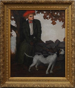 Antique American Impressionist Fall Landscape "Stroll with the Hounds" Painting