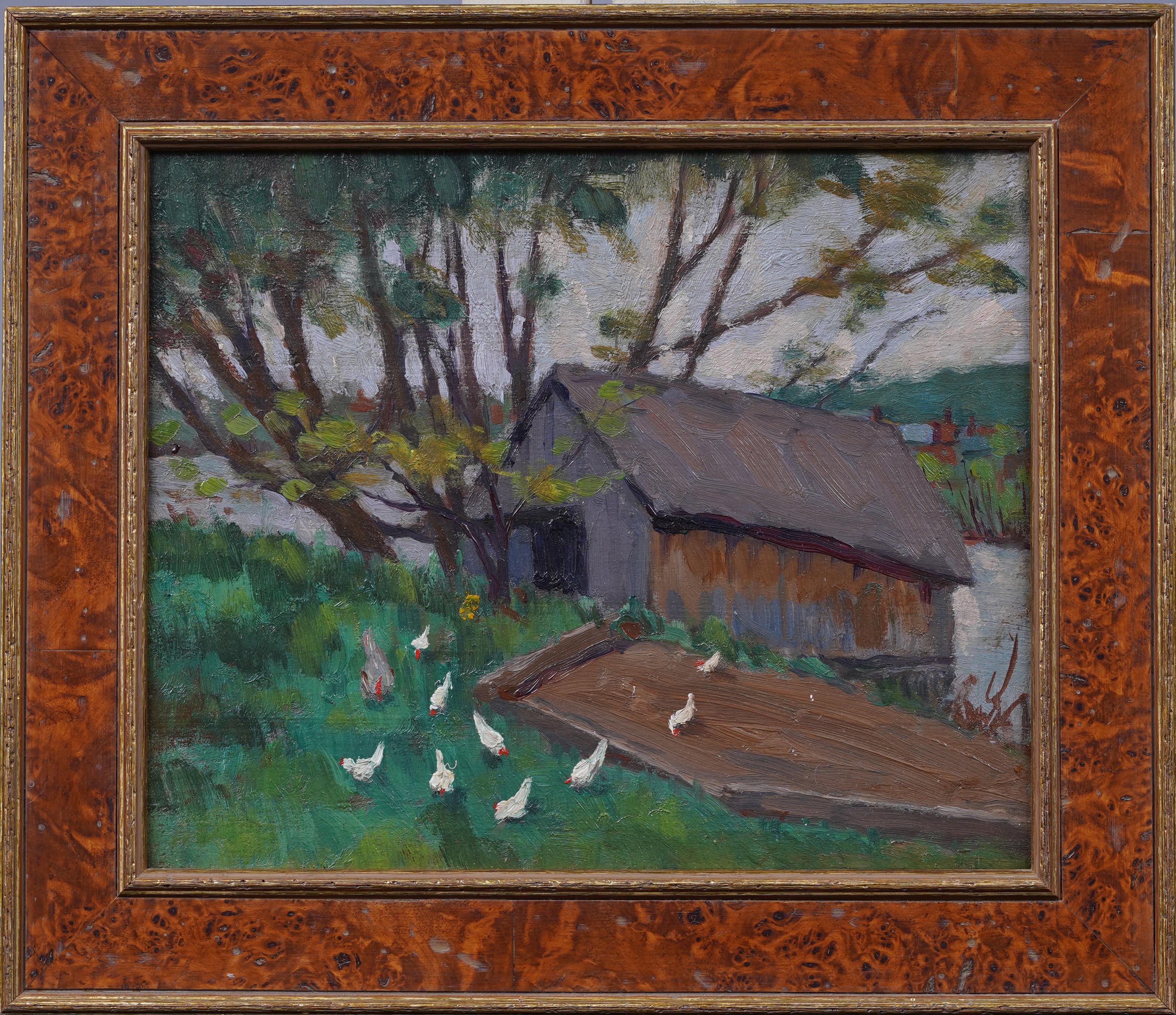 Antique American Impressionist Farm Landscape Chickens Grazing Framed Painting - Brown Animal Painting by Unknown