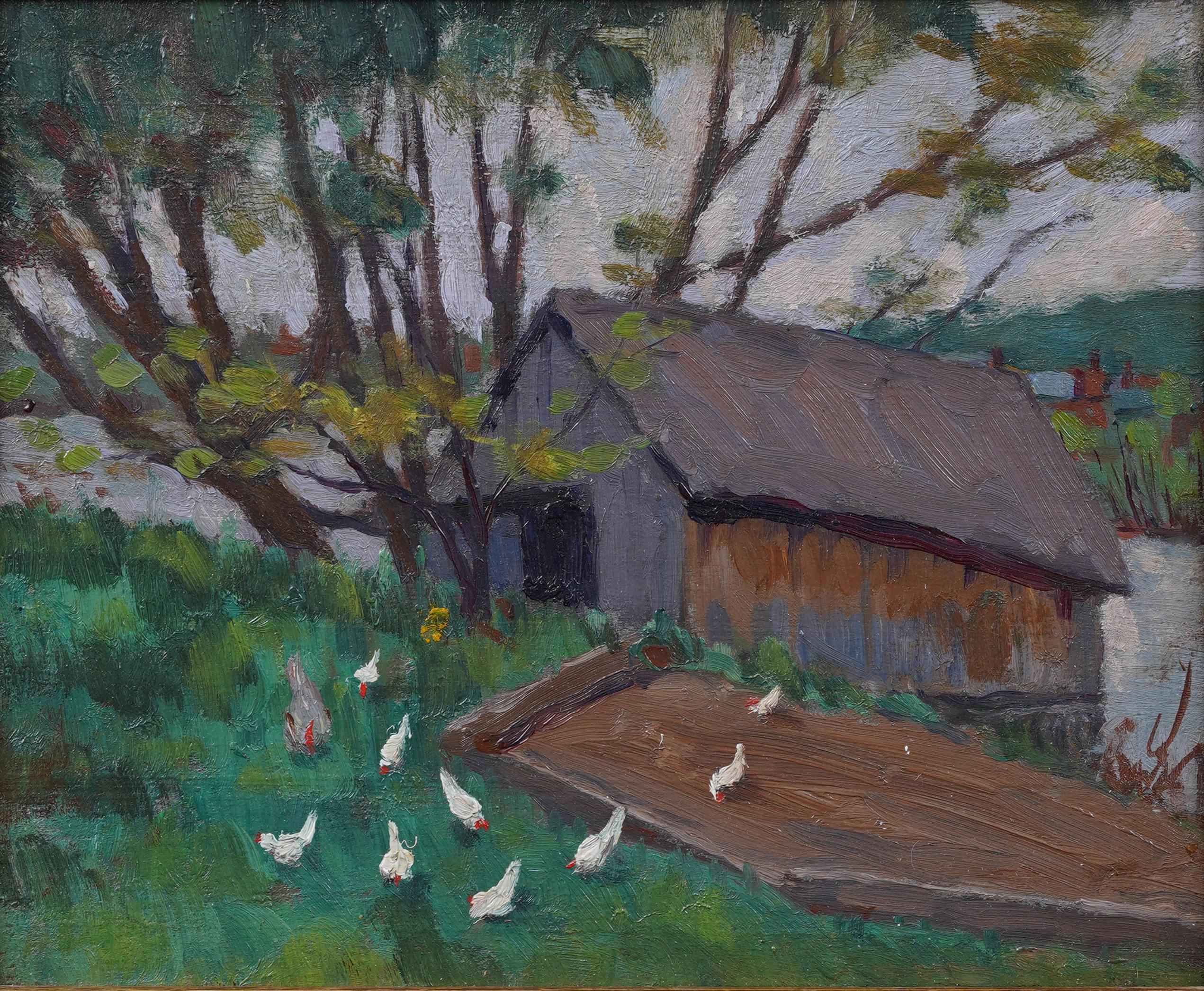 Finely painted American impressionist chicken grazing landscape oil painting.  Framed.  Oil on board.  Image size, 9H by 11L.