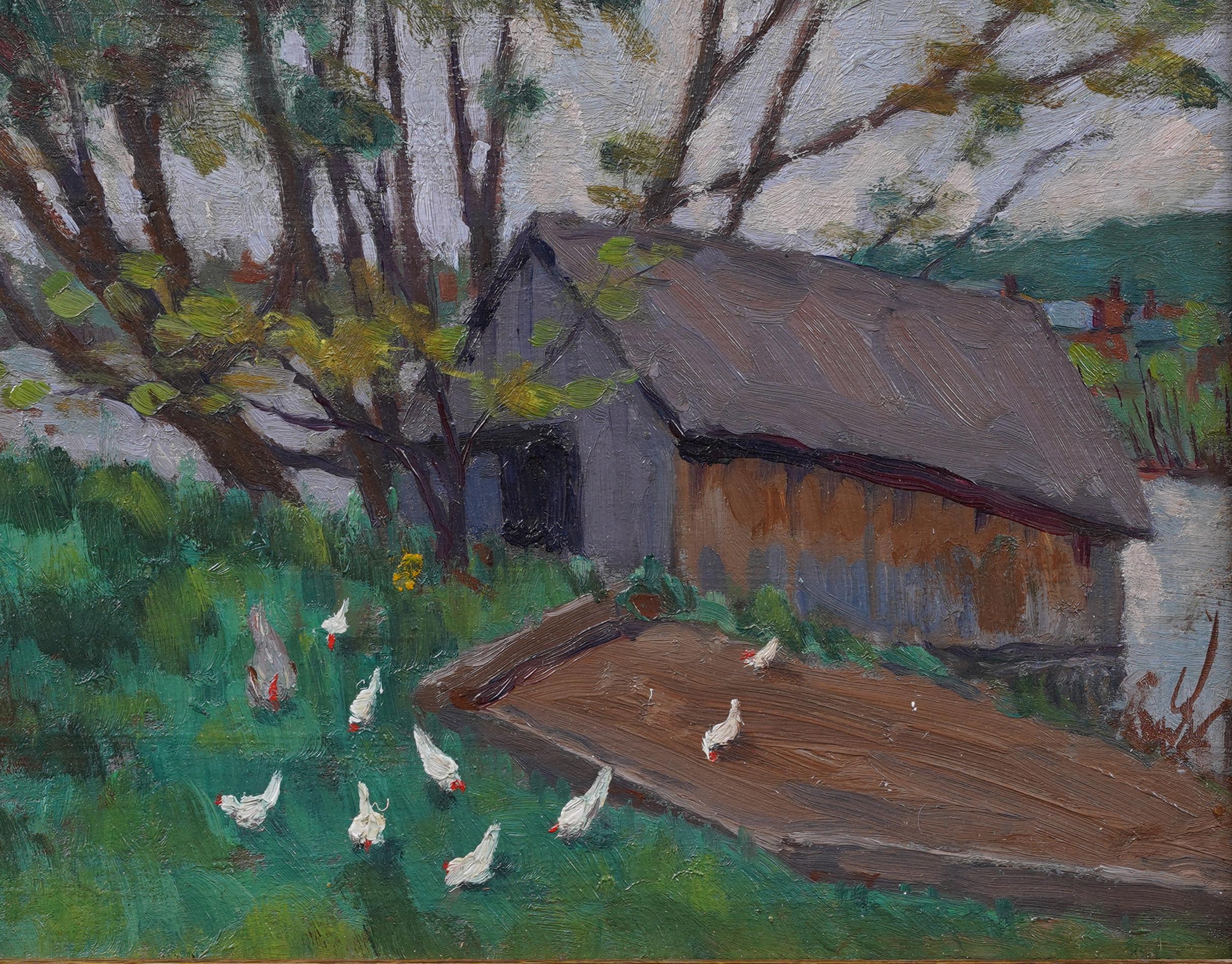 Antique American Impressionist Farm Landscape Chickens Grazing Framed Painting For Sale 1