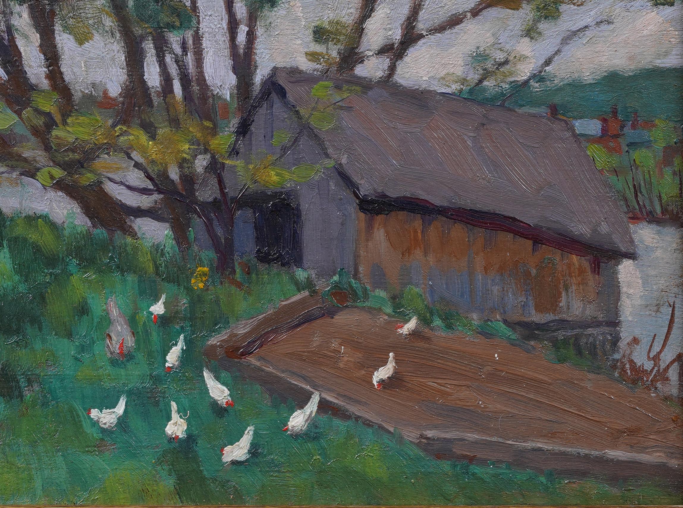 Antique American Impressionist Farm Landscape Chickens Grazing Framed Painting For Sale 2