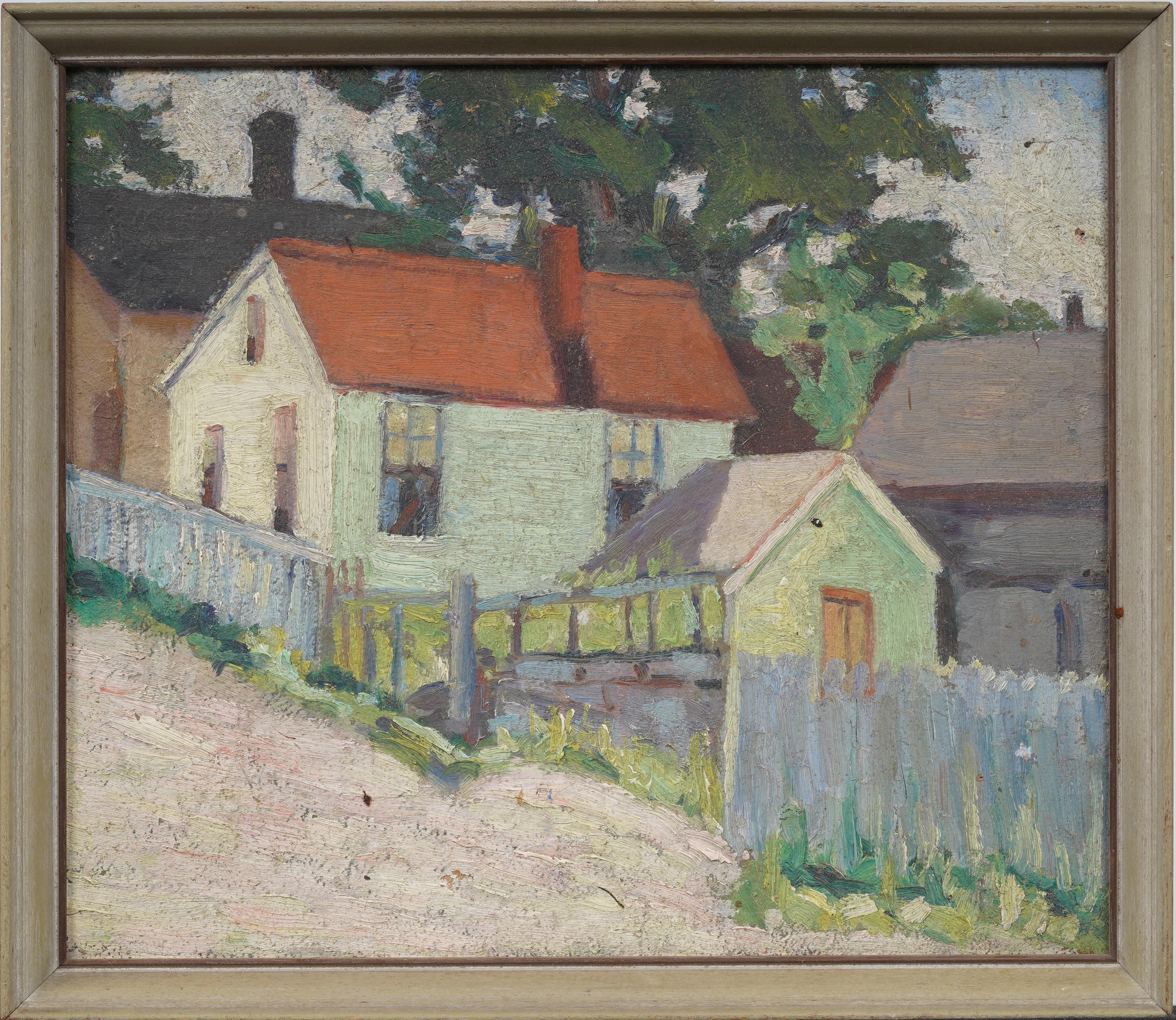 Antique American Impressionist Fauvist New England Beach Cottages Oil Painting - Gray Landscape Painting by Unknown