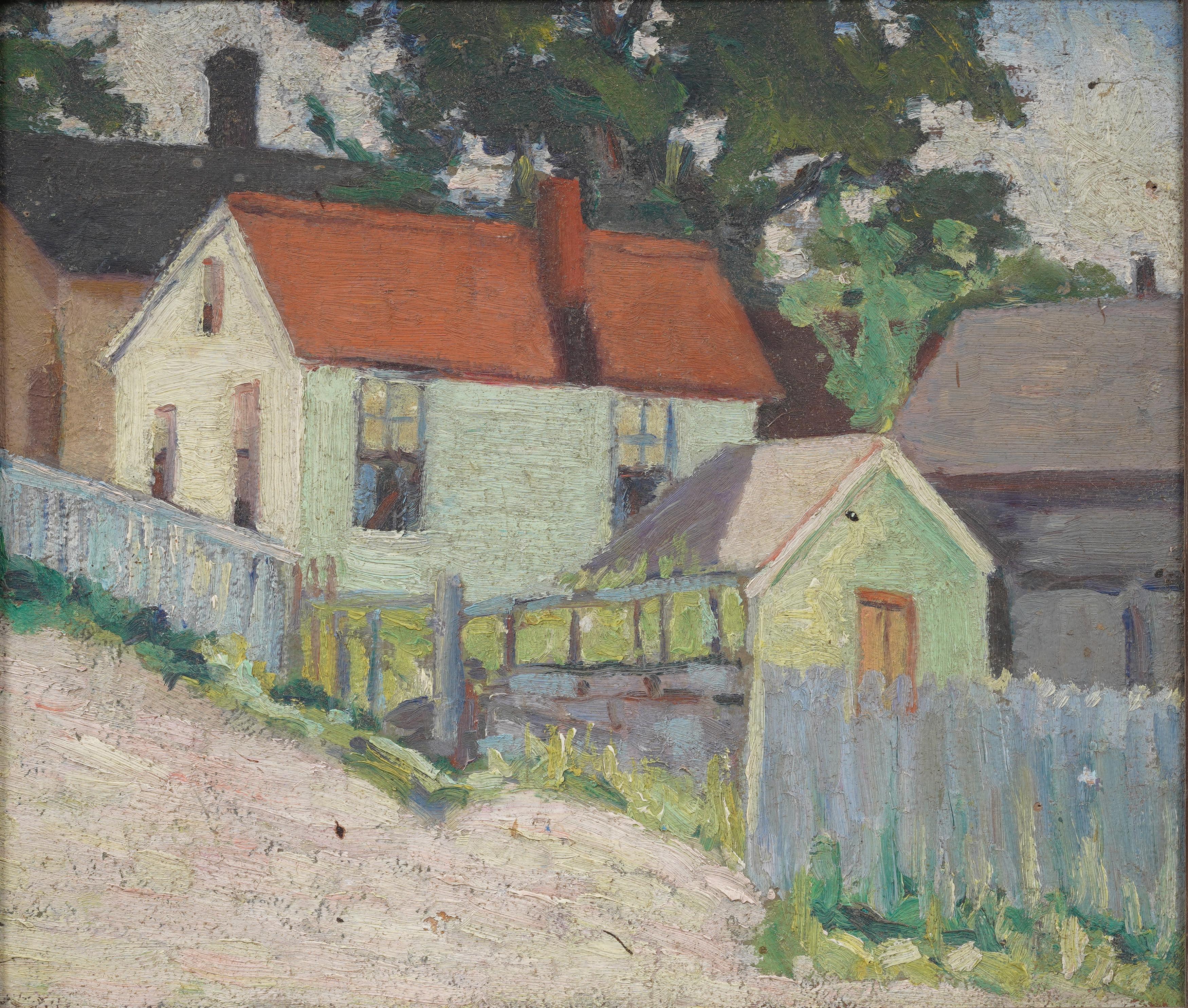 Impressive early American impressionist fauvist beach scene painting.  Oil on board.  Nicely framed.  Very nicely painted and great color.