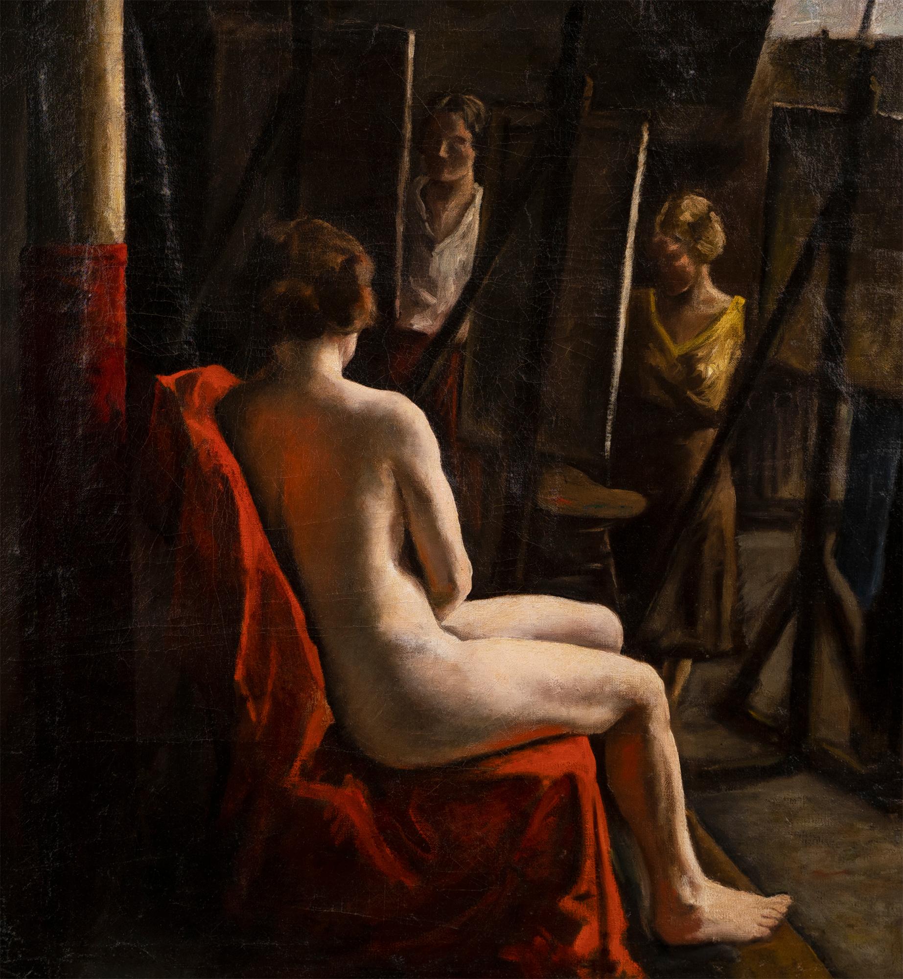 Antique American impressionist interior female nude artist studio oil painting.  Oil on canvas, circa 1910.  No signature found.  Image size, 24L x 26H.  Housed in a giltwood frame.