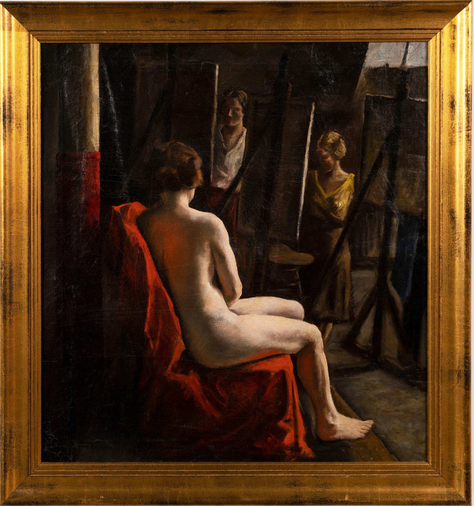 Unknown Nude Painting - Antique American Impressionist Female Nude Artist Studio Original Oil Painting 