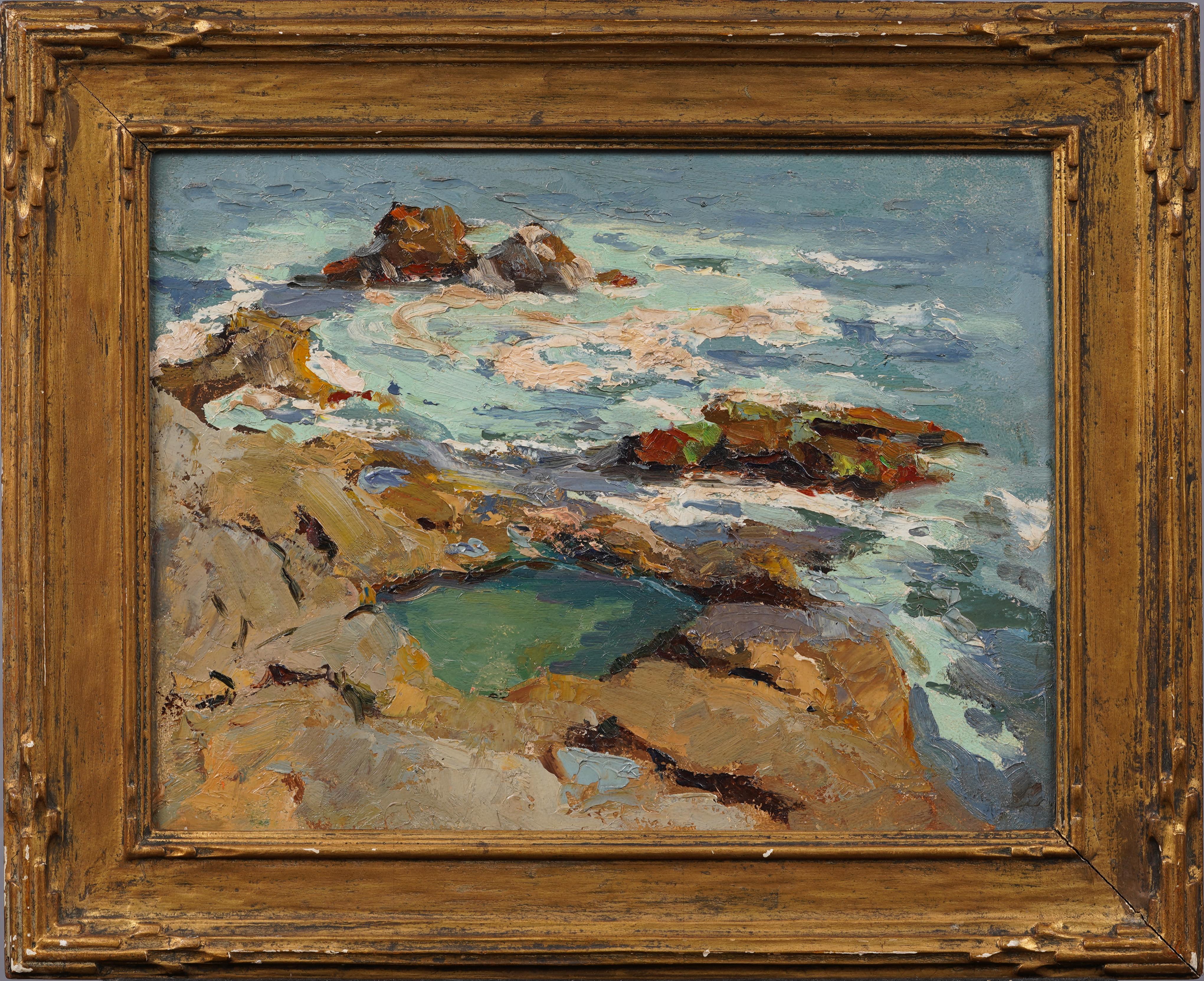 Antiguo cuadro al óleo impresionista americano finamente pintado Escena de playa costera - Painting de Unknown