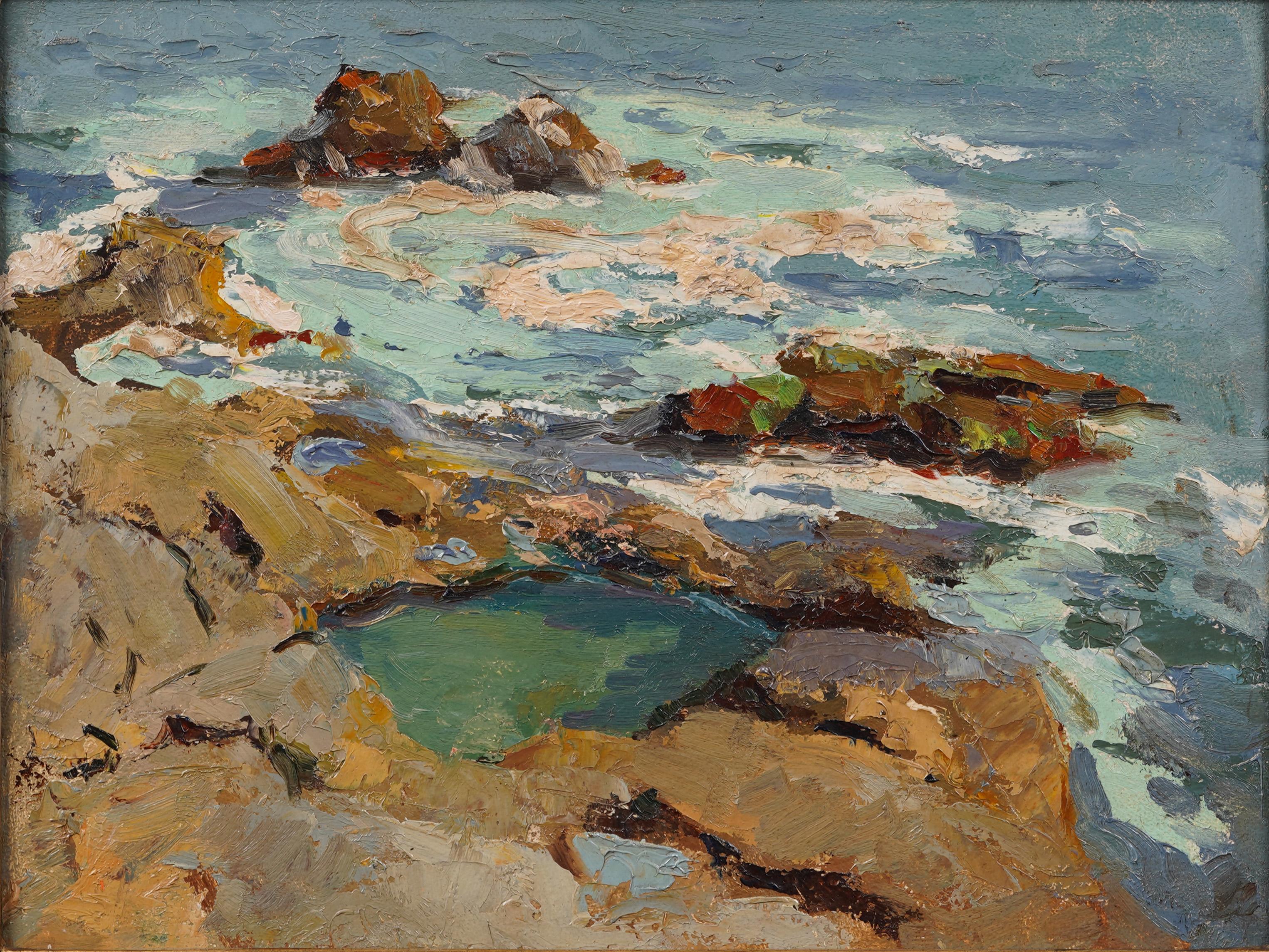 Antiguo cuadro al óleo impresionista americano finamente pintado Escena de playa costera - Painting Impresionista de Unknown