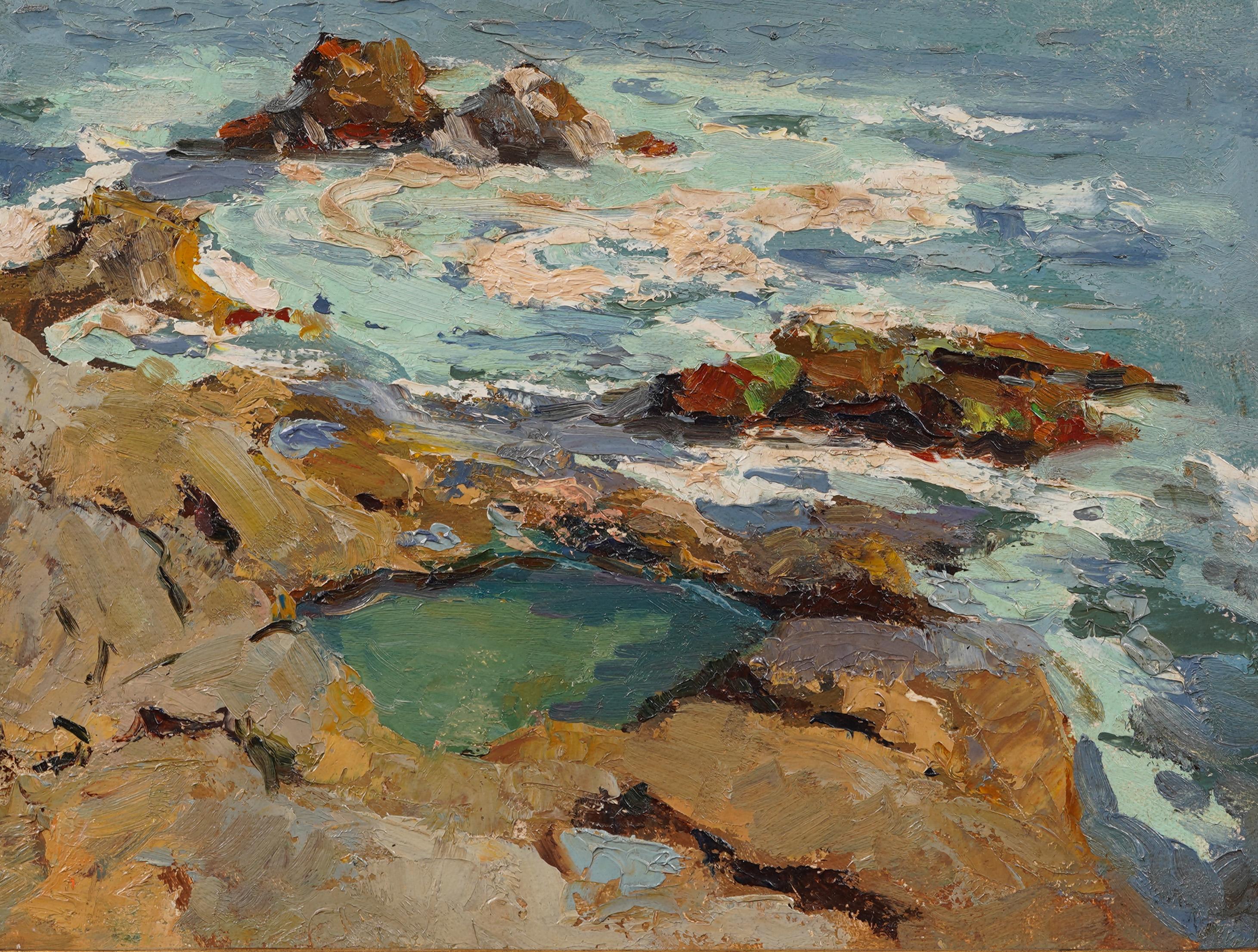 Antiguo cuadro al óleo impresionista americano finamente pintado Escena de playa costera - Landscape Painting Marrón de Unknown
