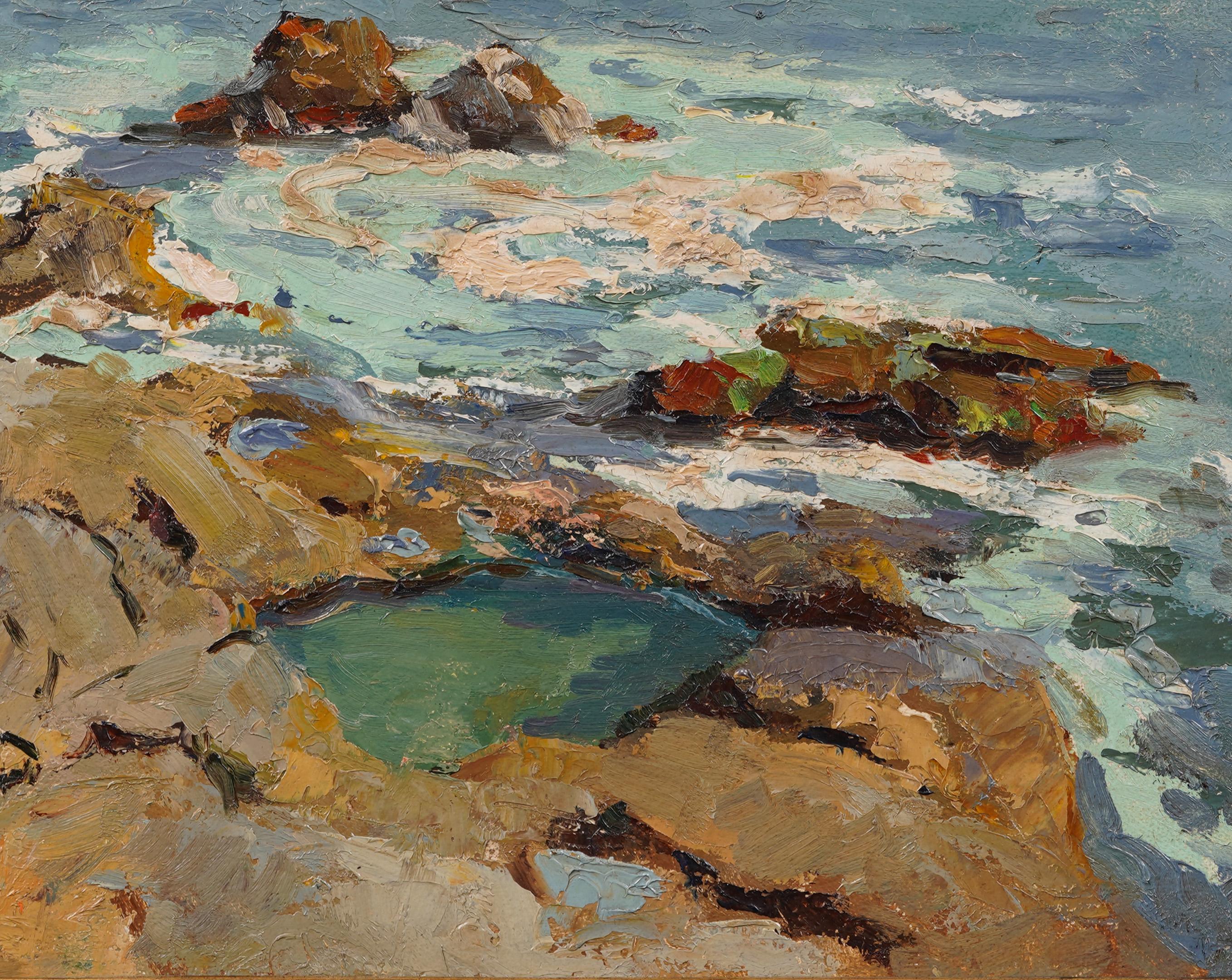 Impresionante pintura al óleo de principios del impresionismo americano sobre un paisaje marino costero.  Enmarcado.  Óleo sobre tabla.  Tamaño de la imagen, 12H por 16L.