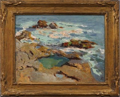 Antiguo cuadro al óleo impresionista americano finamente pintado Escena de playa costera