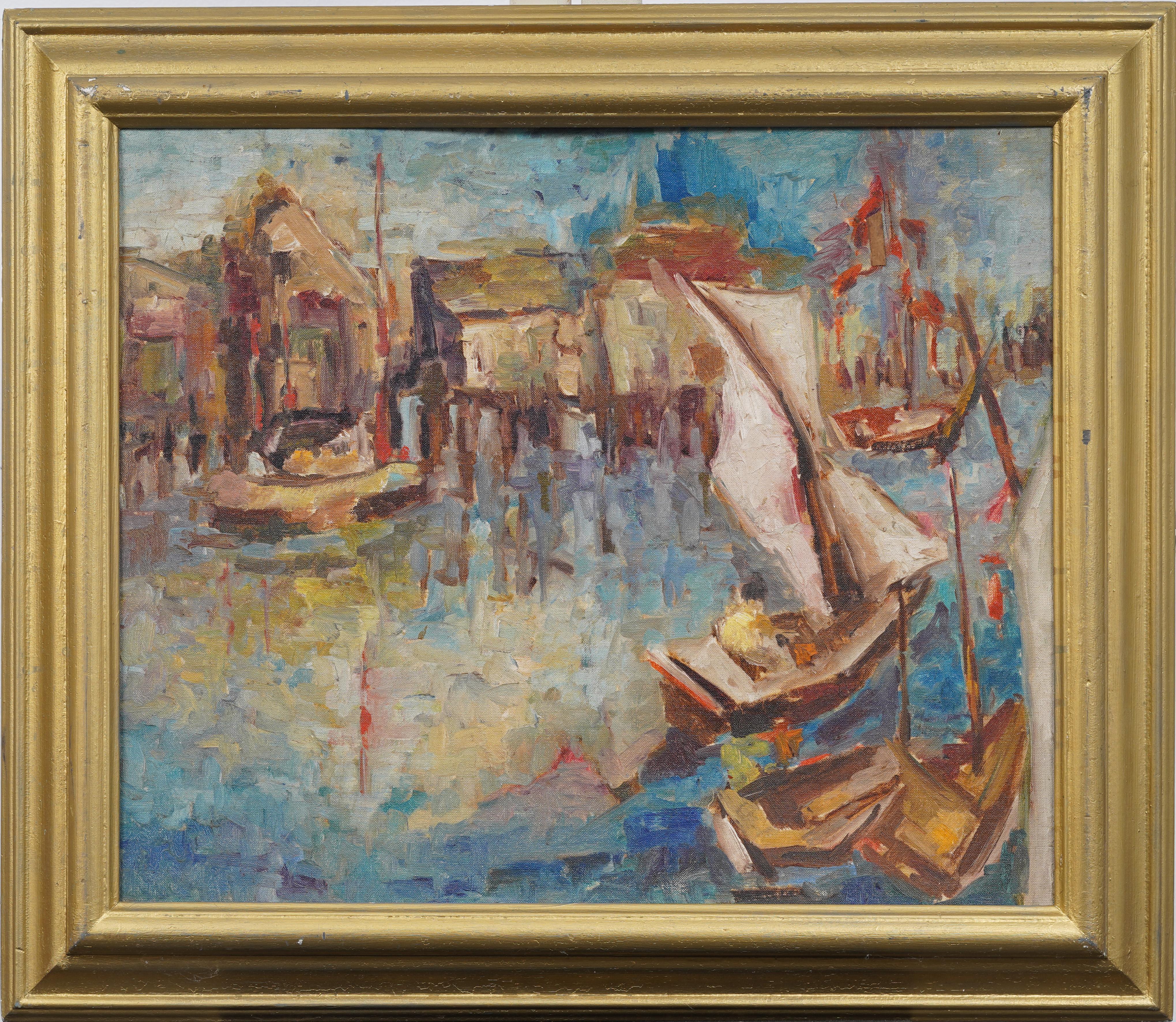 Antiguo cuadro al óleo impresionista americano Pesca Puerto Velero Paisaje marino - Painting de Unknown