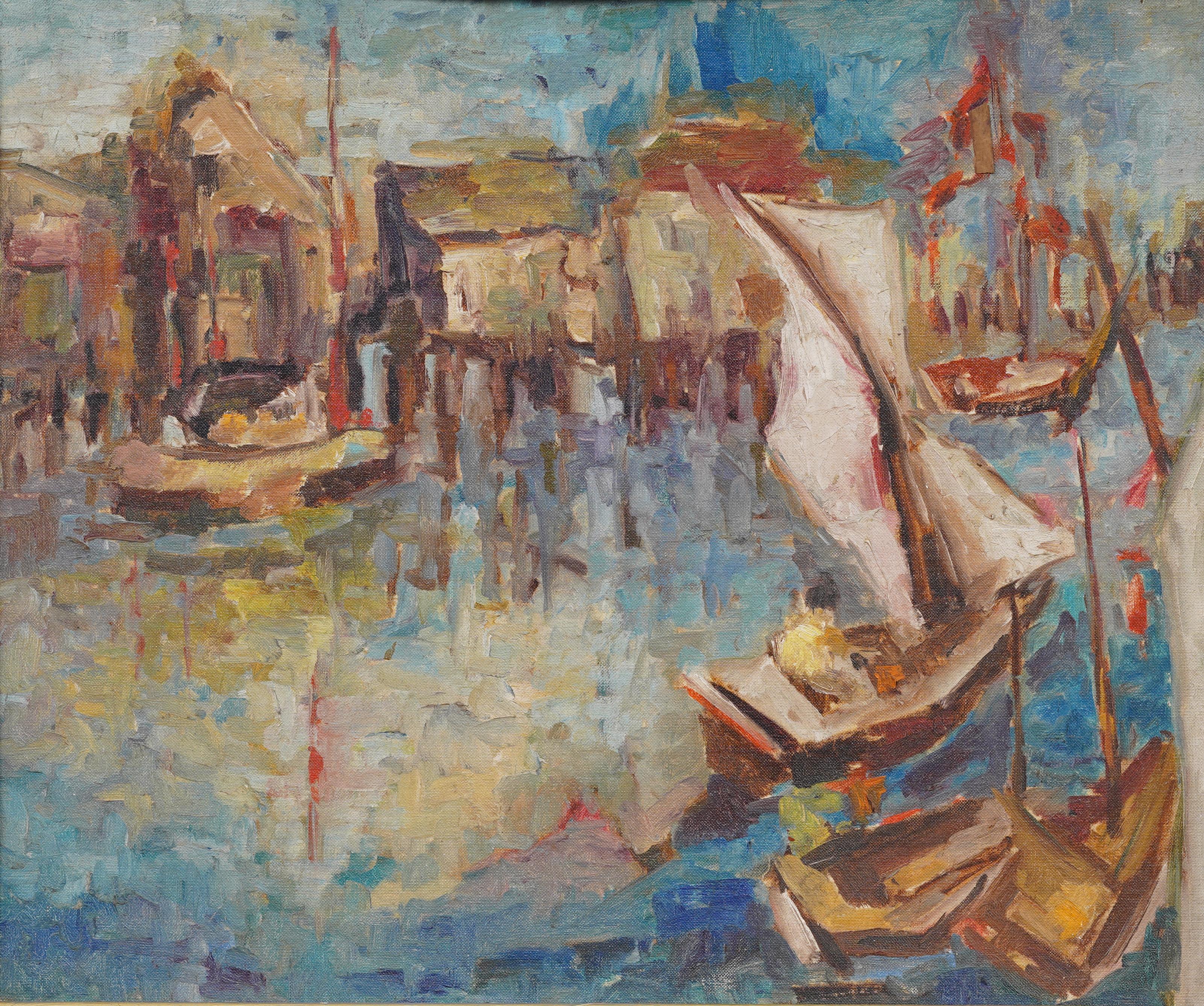 Antiguo cuadro al óleo impresionista americano Pesca Puerto Velero Paisaje marino - Painting Impresionista de Unknown