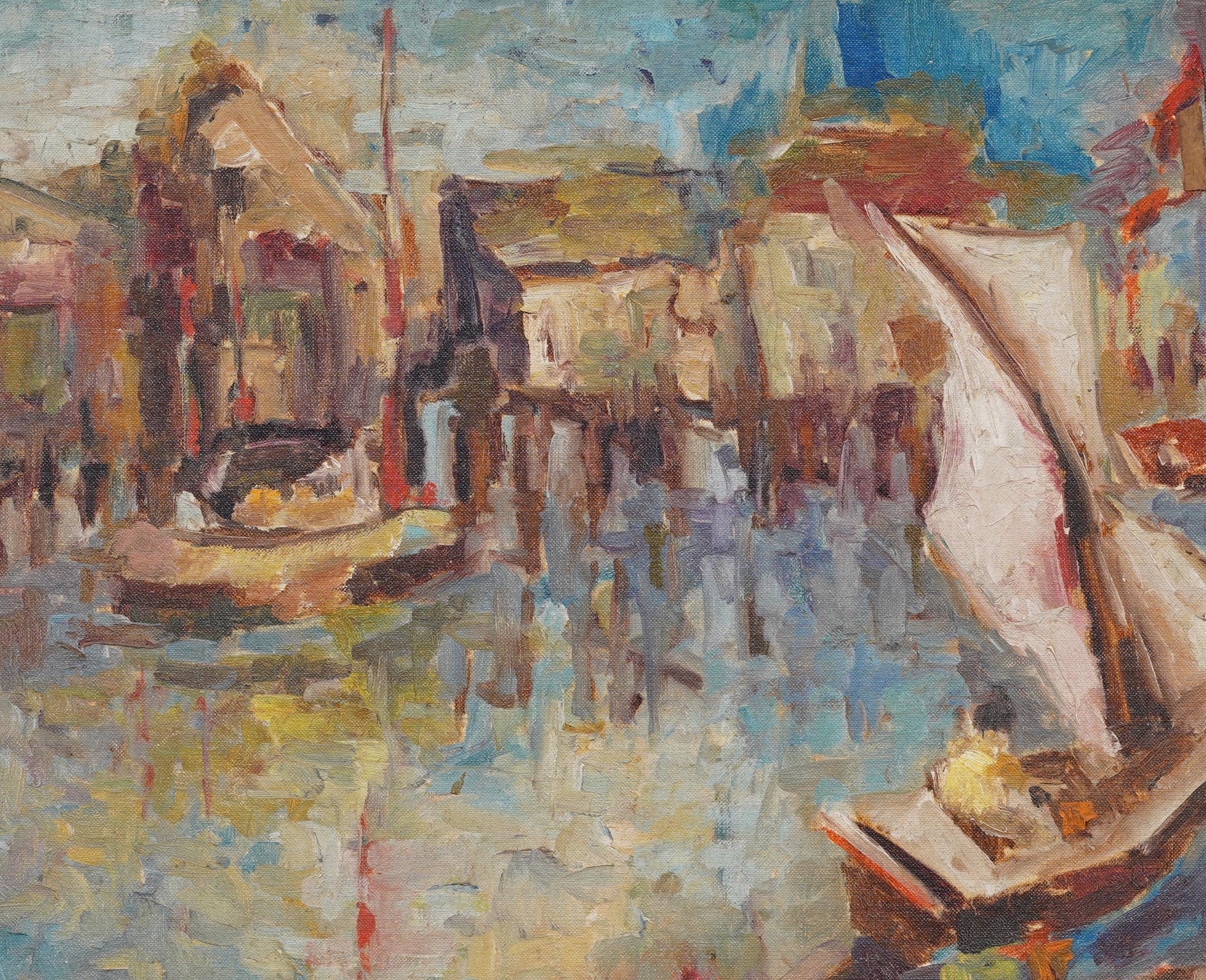 Antiguo cuadro al óleo impresionista americano Pesca Puerto Velero Paisaje marino - Abstract Painting Marrón de Unknown