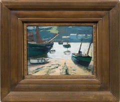 Antique American Impressionist Fishing Harbor Summer Seascape Oil Painting