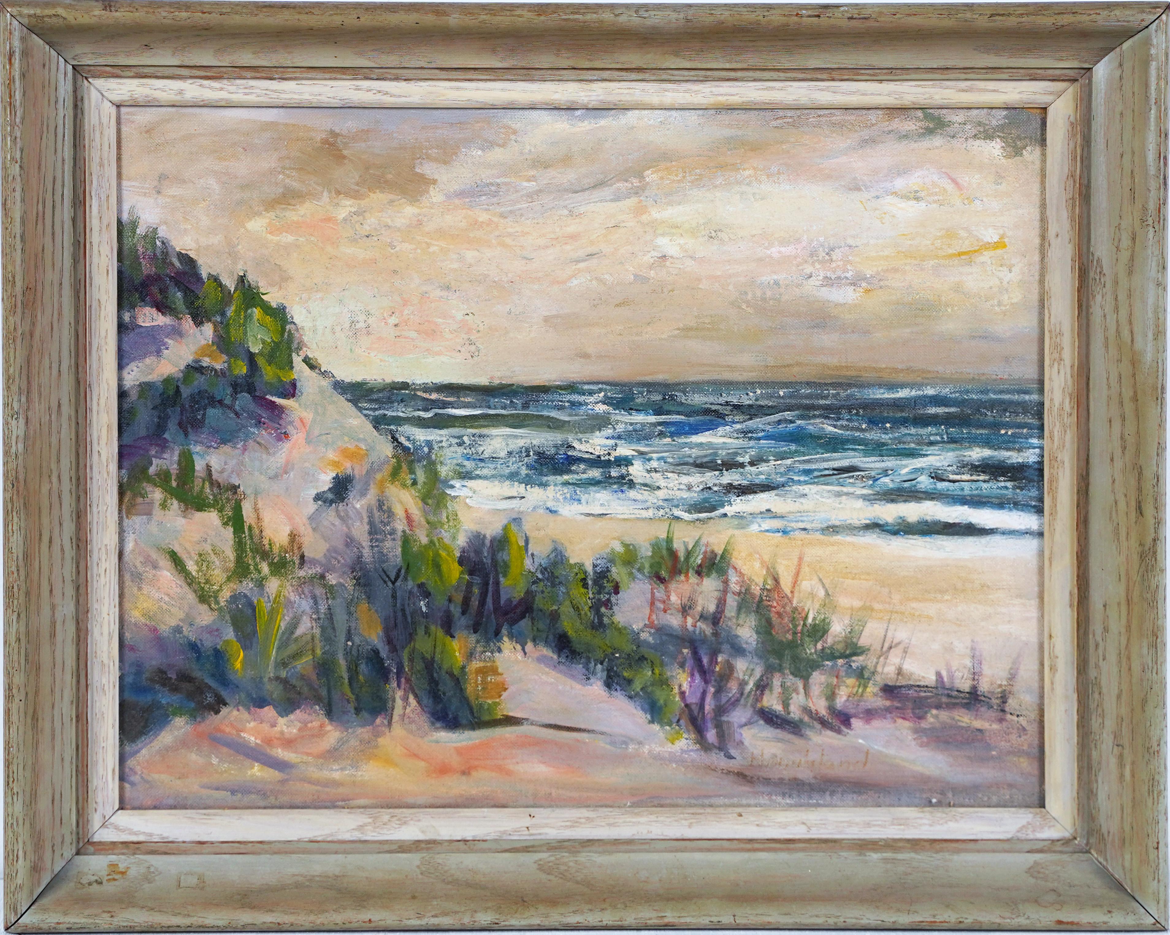 Antique American Impressionist Florida Coastal Sandy Beach Scene Oil Painting