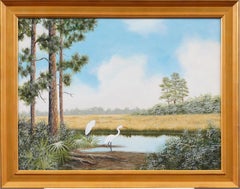 Ancienne peinture impressionniste américaine de paysage tropical Everglades
