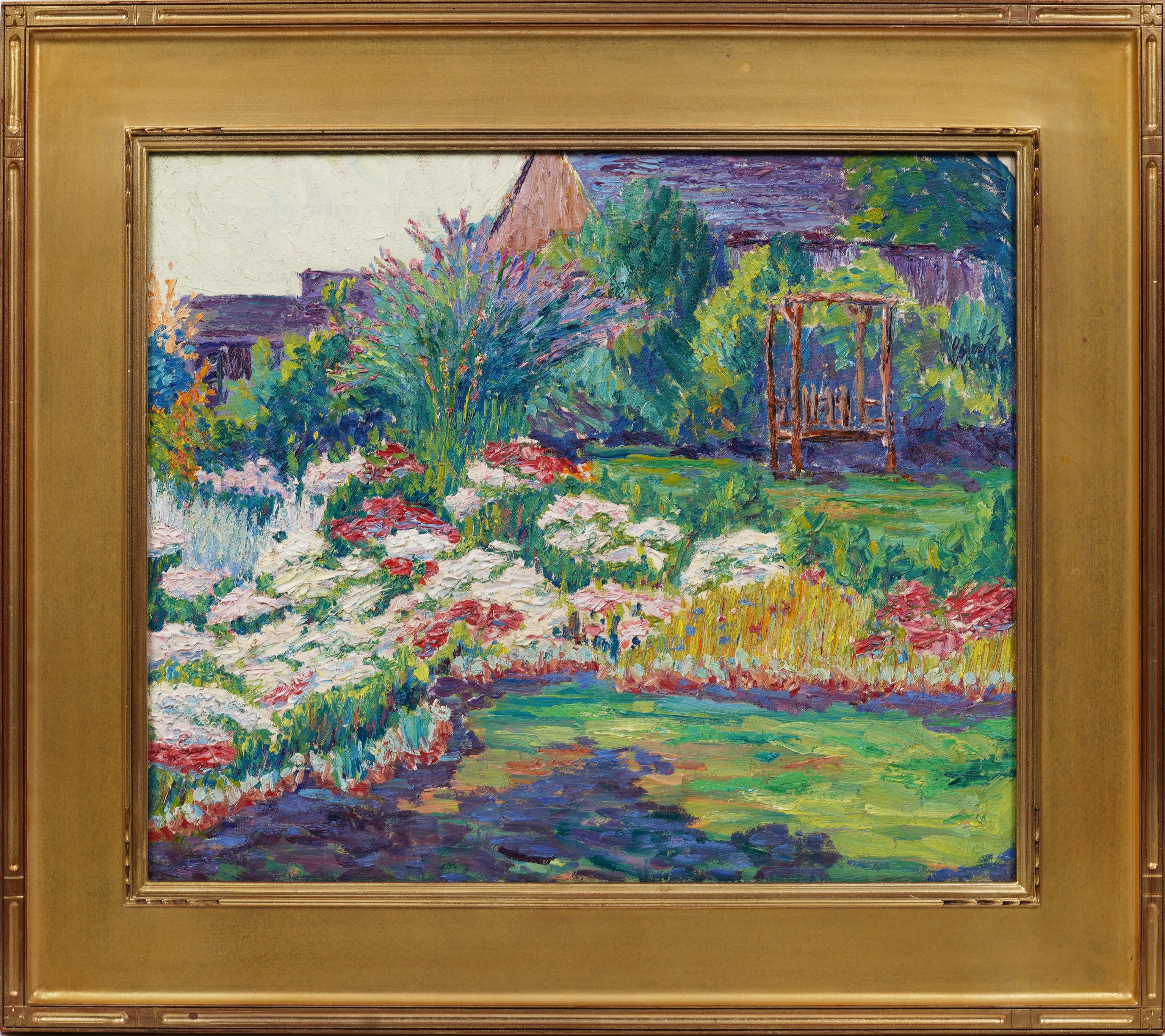 Antique American Impressionist Flower Garden Landscape Framed Oil Painting - Brown Landscape Painting by Unknown