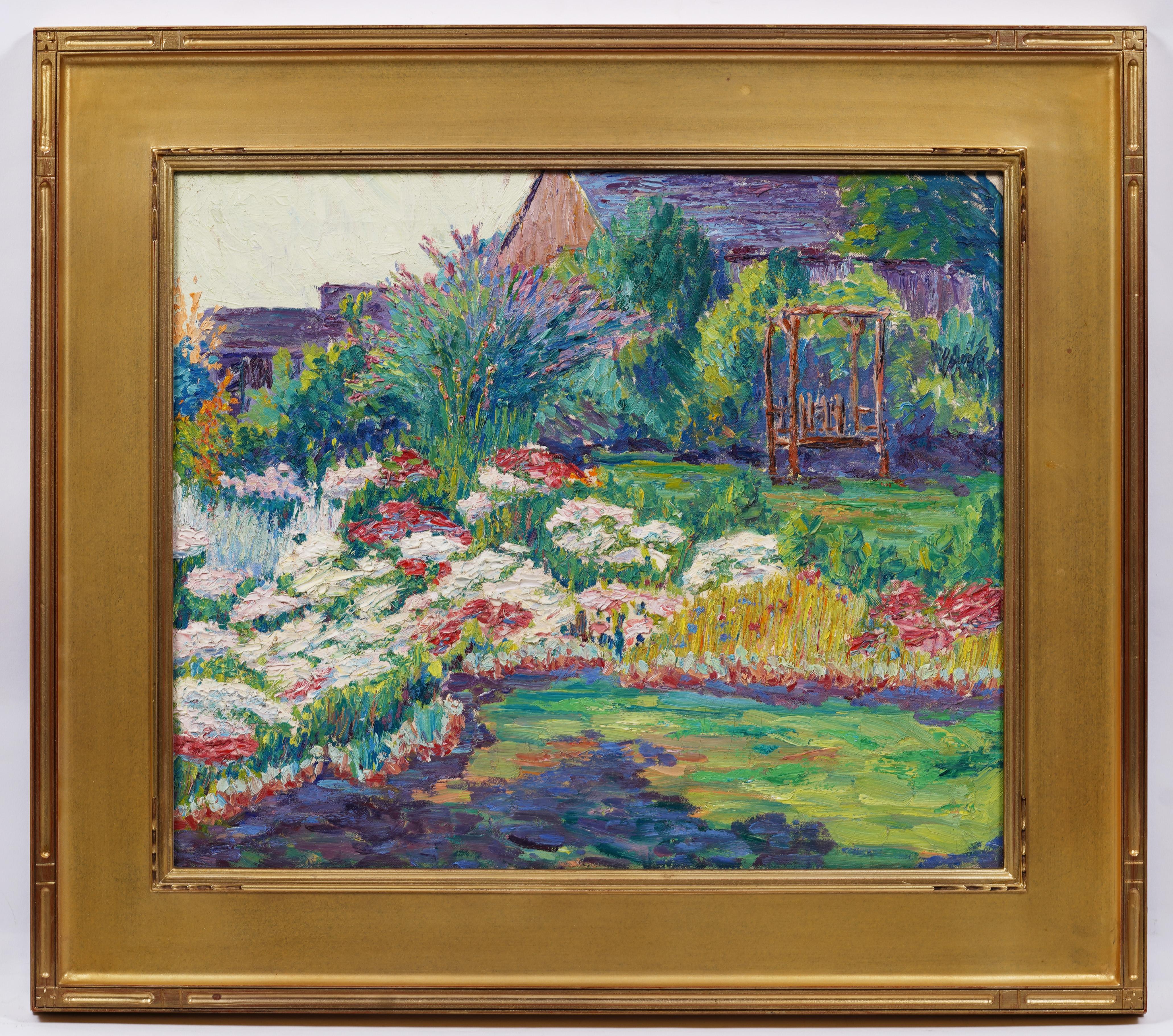 Antique American Impressionist Flower Garden Landscape Framed Oil Painting For Sale 1