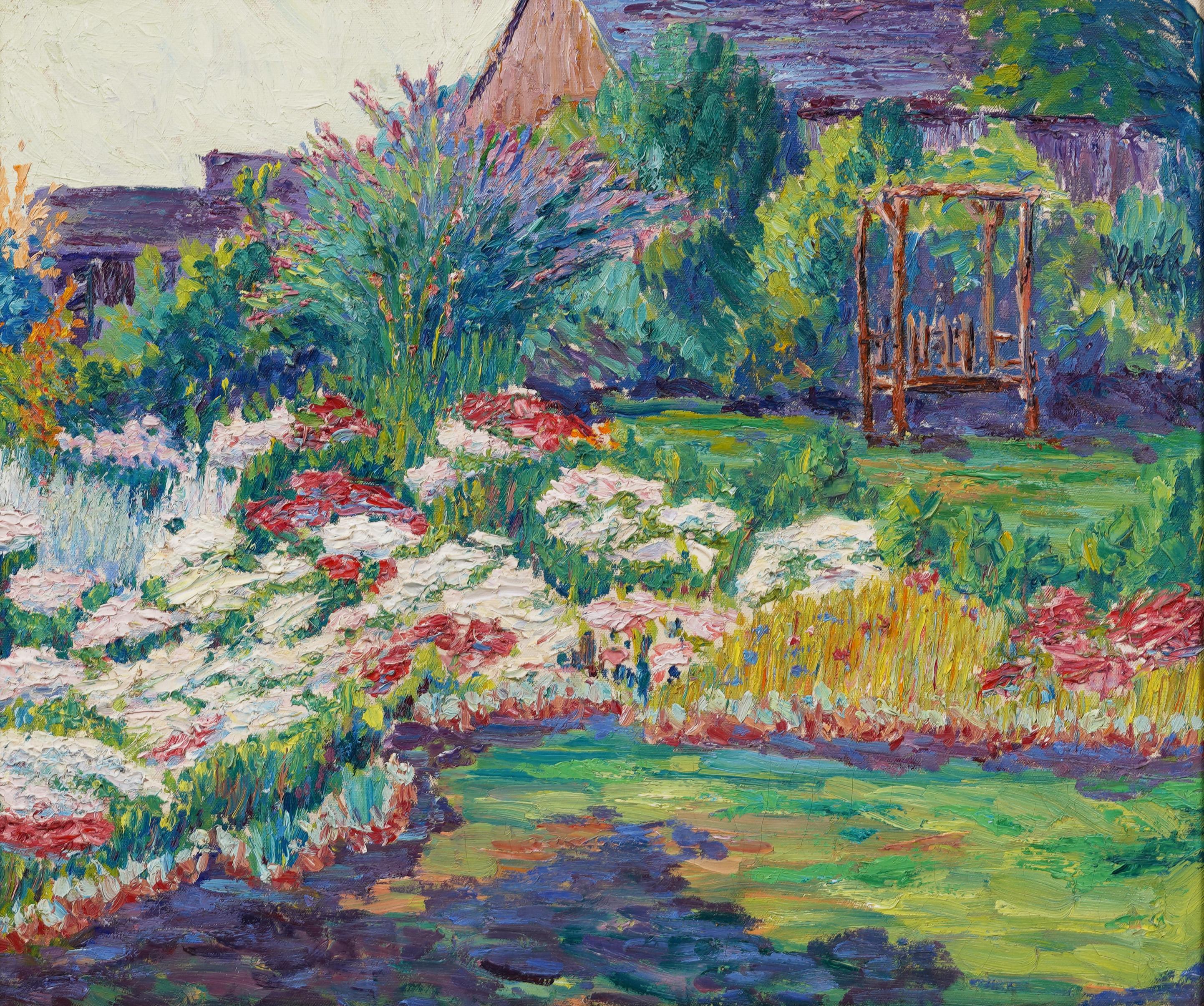 Antique American Impressionist Flower Garden Landscape Framed Oil Painting For Sale 2