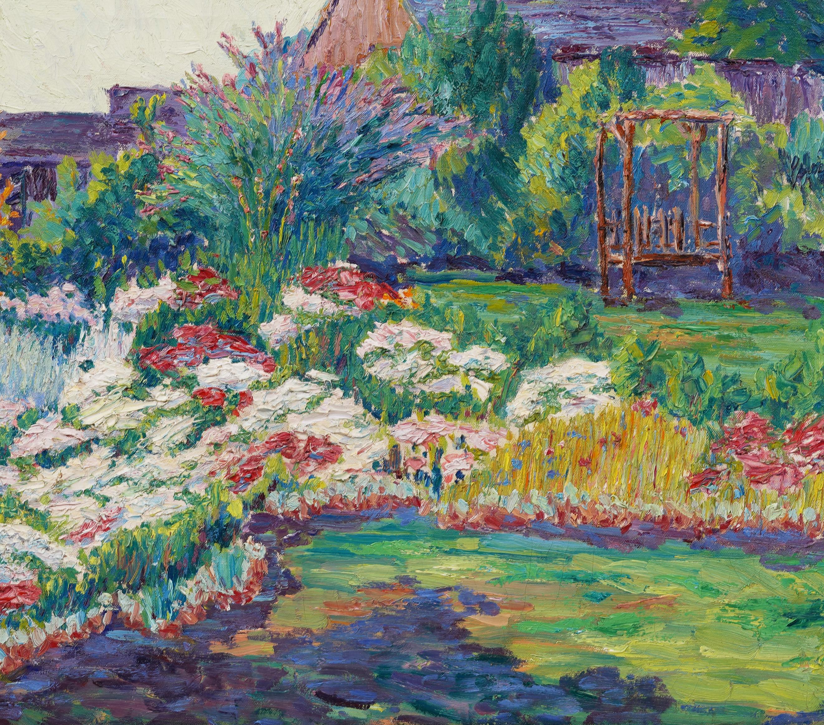 Antique American Impressionist Flower Garden Landscape Framed Oil Painting For Sale 3