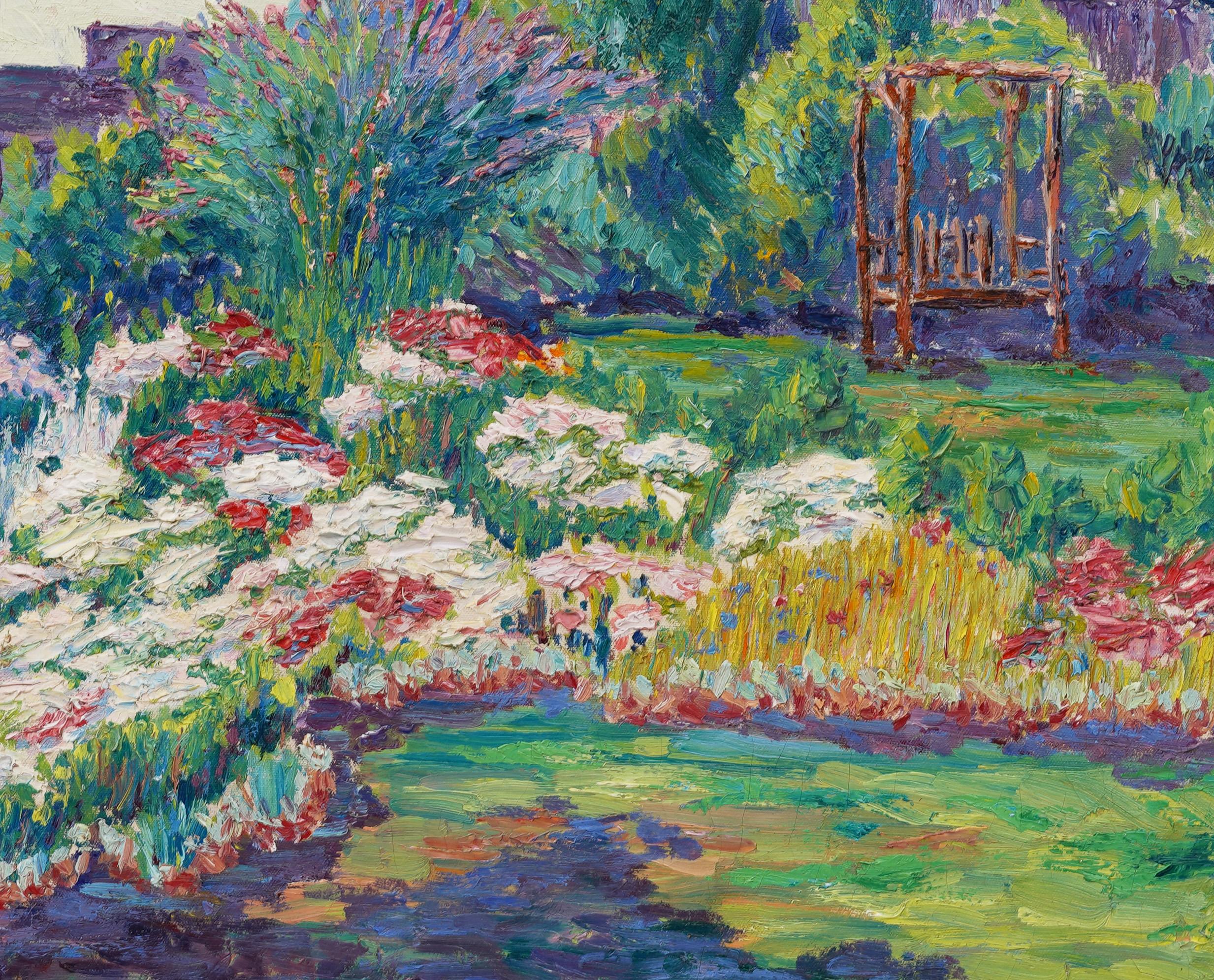 Antique American Impressionist Flower Garden Landscape Framed Oil Painting For Sale 4