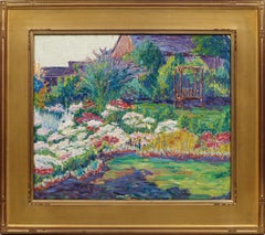 Antique American Impressionist Flower Garden Landscape Framed Oil Painting