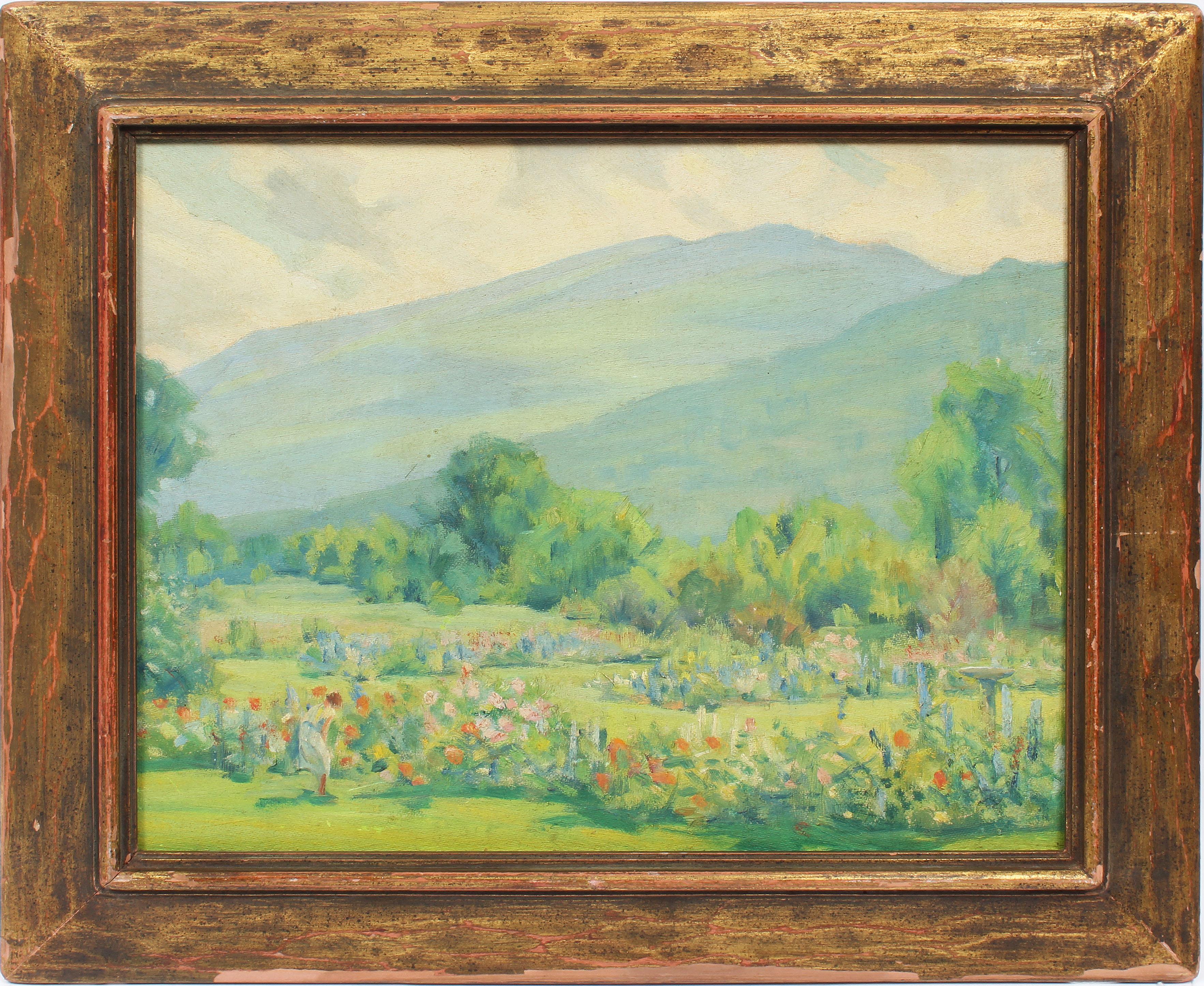 Unknown Landscape Painting - Antique American Impressionist Flower Garden Mountain Landscape Oil Painting
