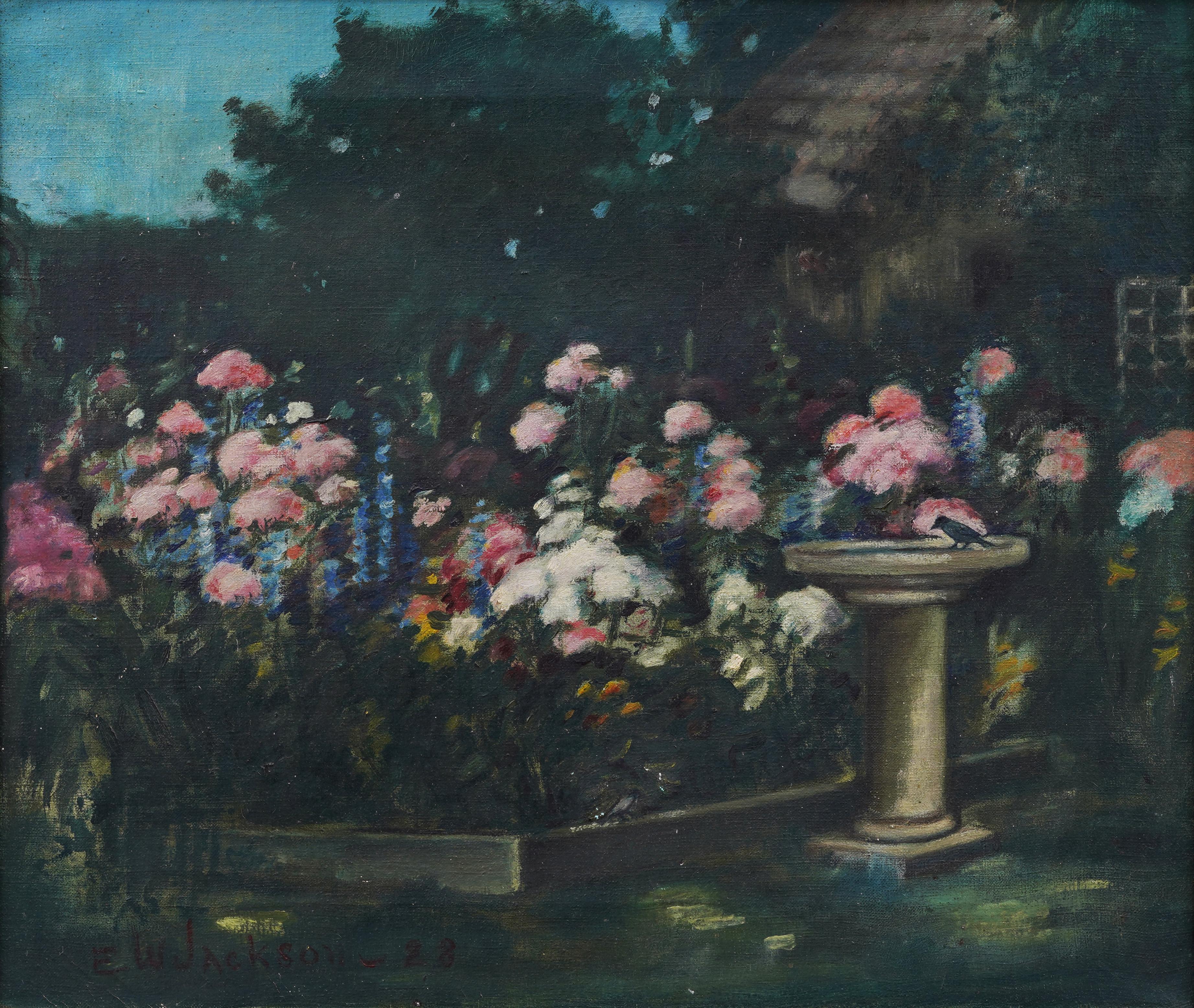 Antique American Impressionist Flower Garden Signed Landscape Bird Oil Painting For Sale 1