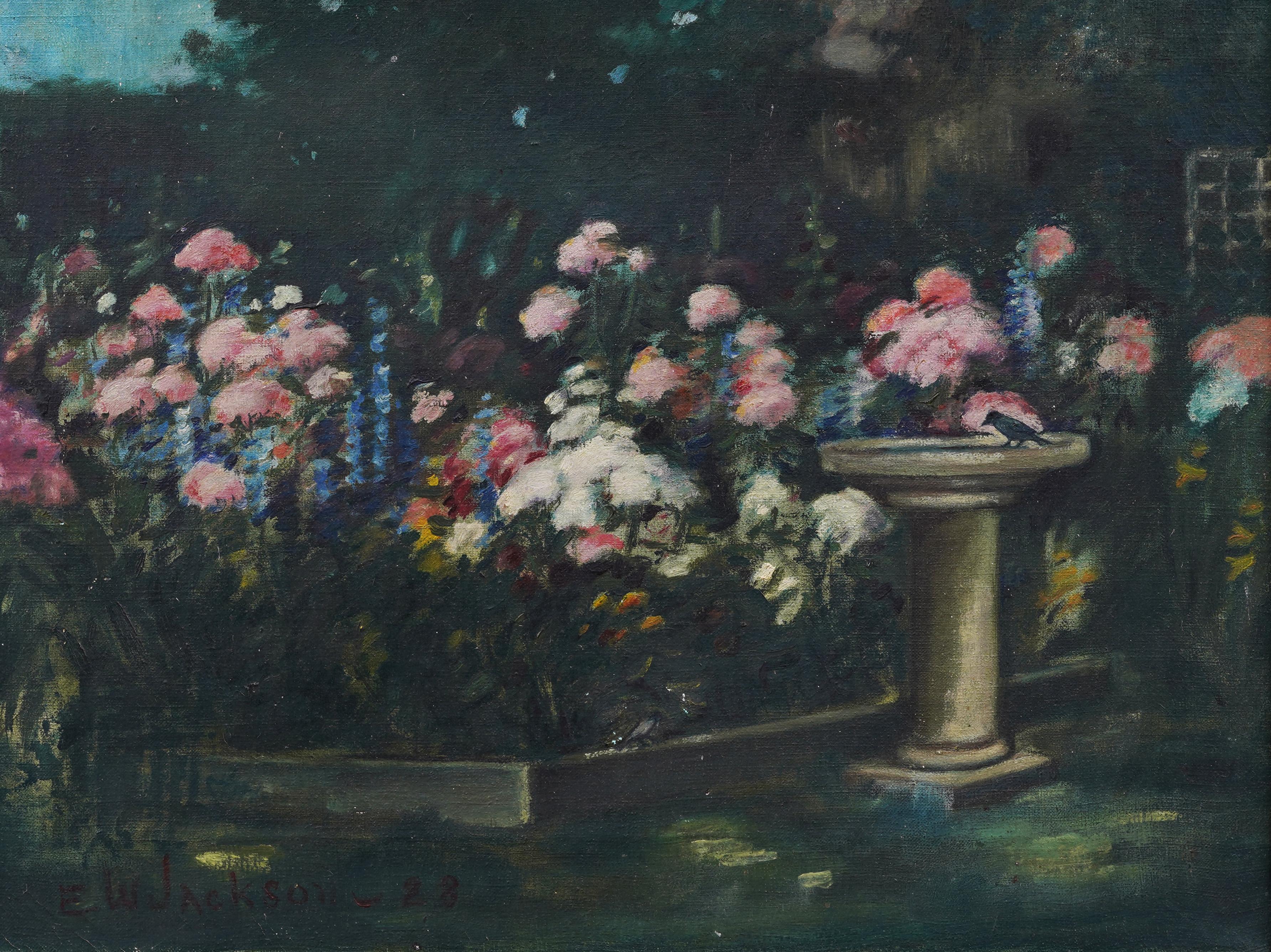 Antique American Impressionist Flower Garden Signed Landscape Bird Oil Painting For Sale 2