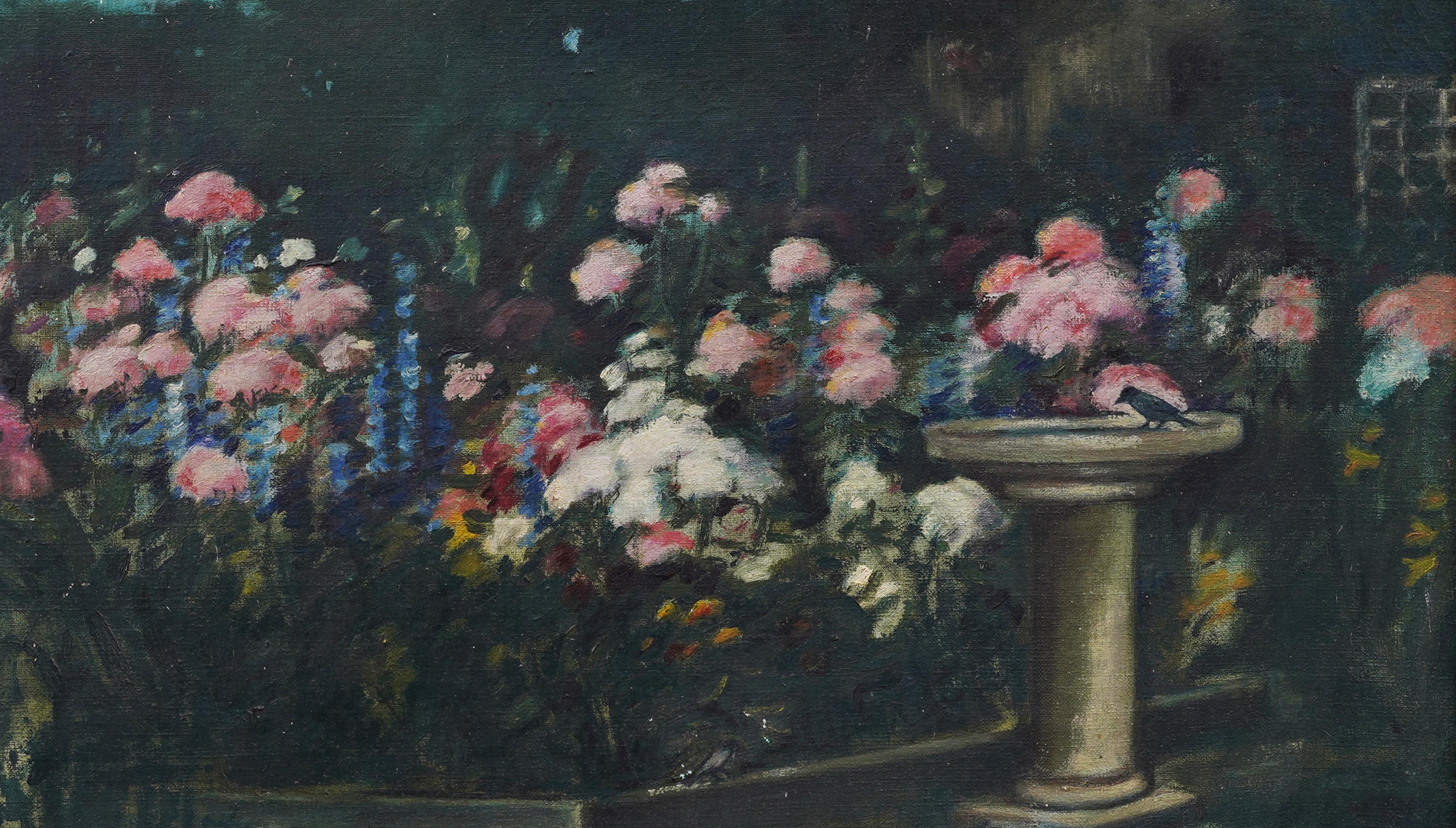 Antique American Impressionist Flower Garden Signed Landscape Bird Oil Painting For Sale 3