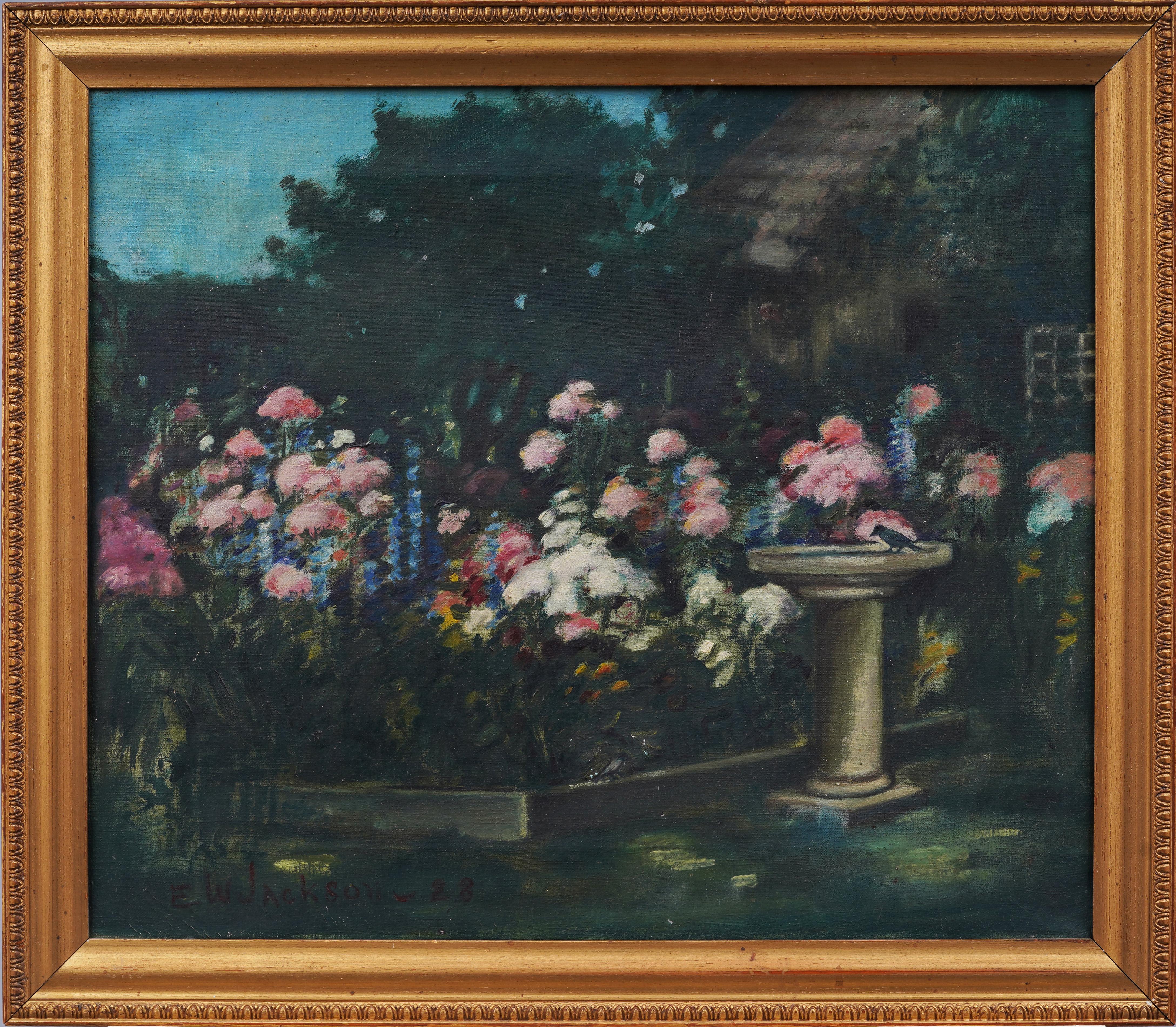 Unknown Landscape Painting - Antique American Impressionist Flower Garden Signed Landscape Bird Oil Painting