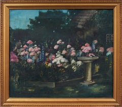 Ancienne peinture à l'huile impressionniste américaine Flower Garden signée Paysage Bird