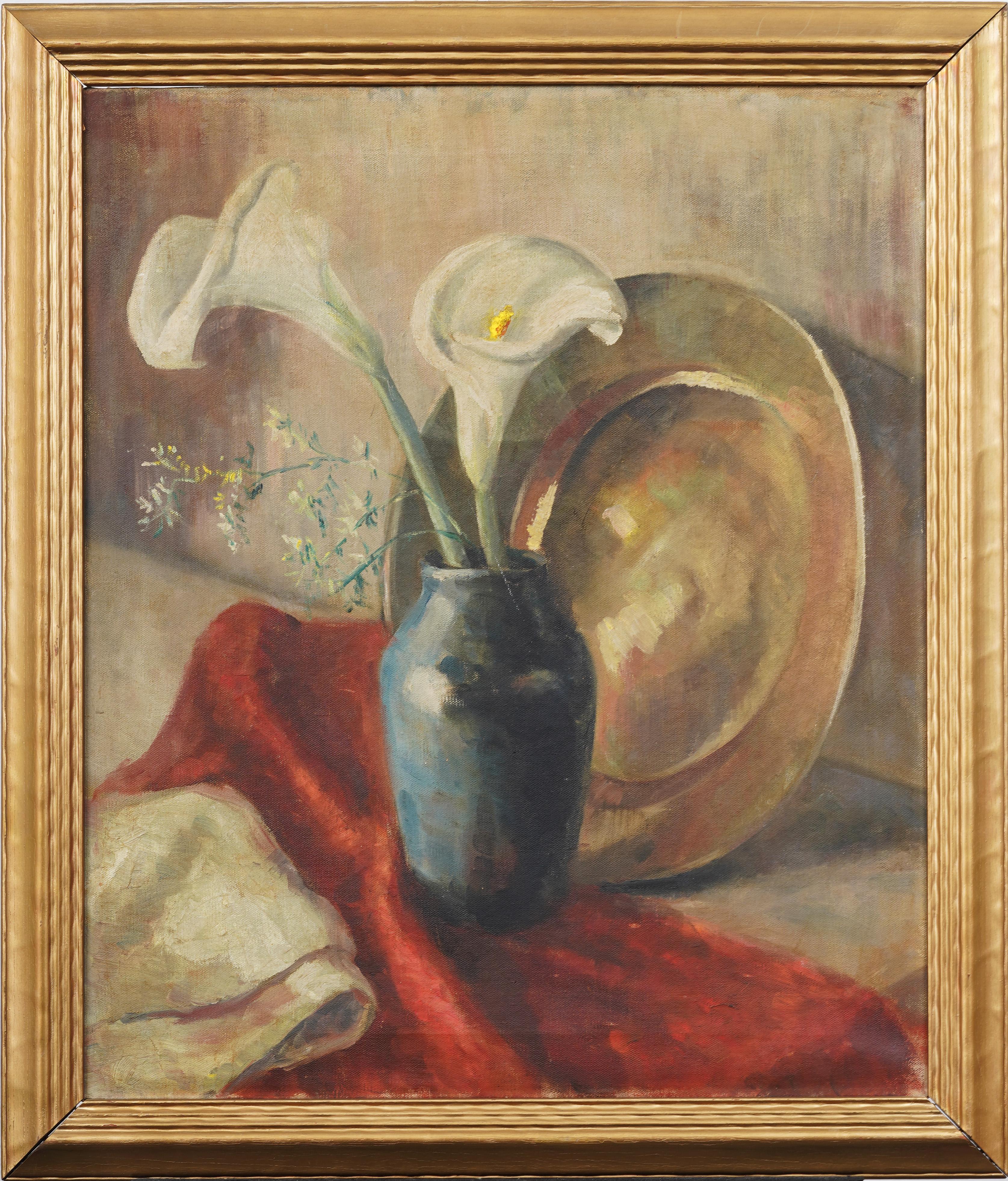 Interior Painting di Unknown - Antico dipinto impressionista americano di natura morta floreale, con cornice, vista dall'interno