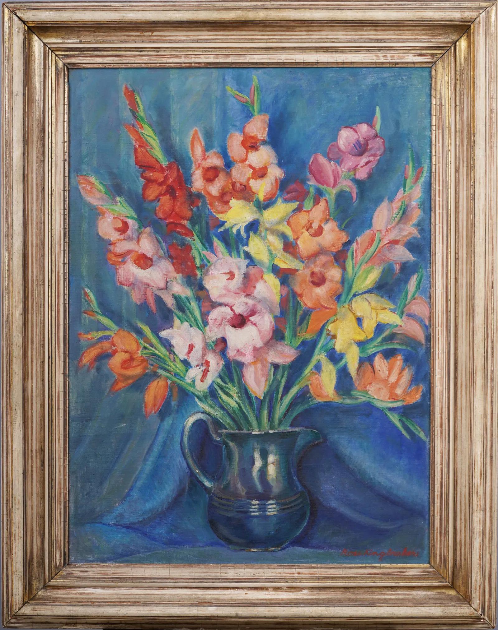 Antiguo cuadro al óleo impresionista americano Naturaleza muerta de flores bien enmarcado - Painting de Unknown