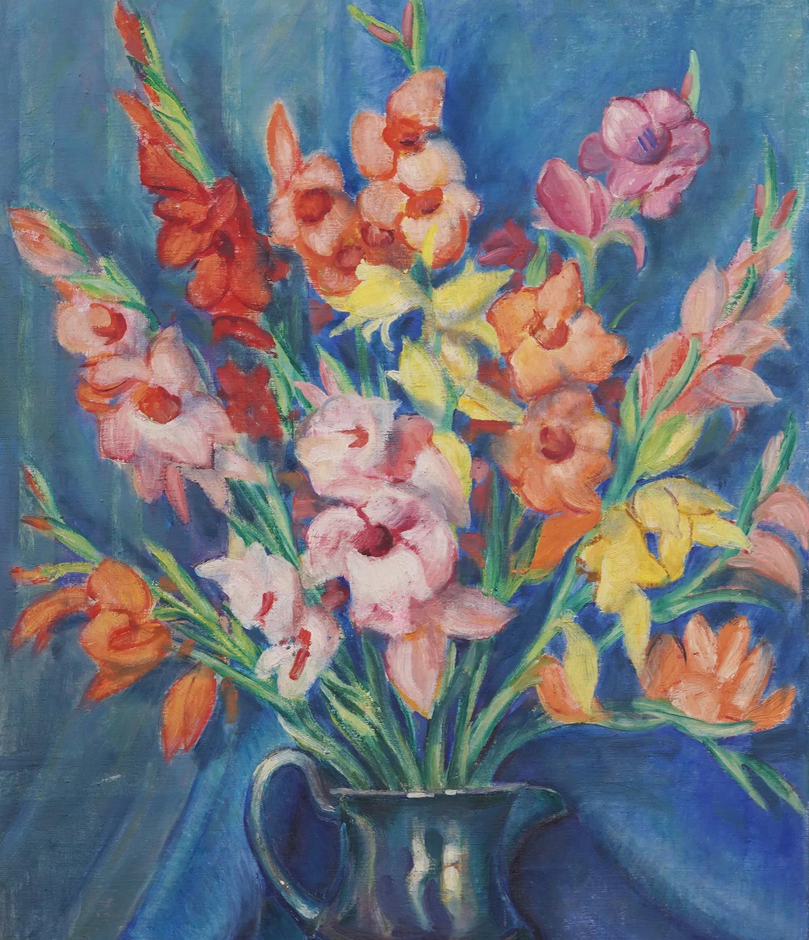 Antiguo cuadro al óleo impresionista americano Naturaleza muerta de flores bien enmarcado - Interior Painting Gris de Unknown