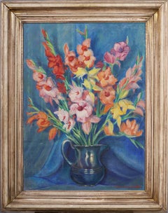 Antico dipinto ad olio impressionista americano con fiori e bella cornice