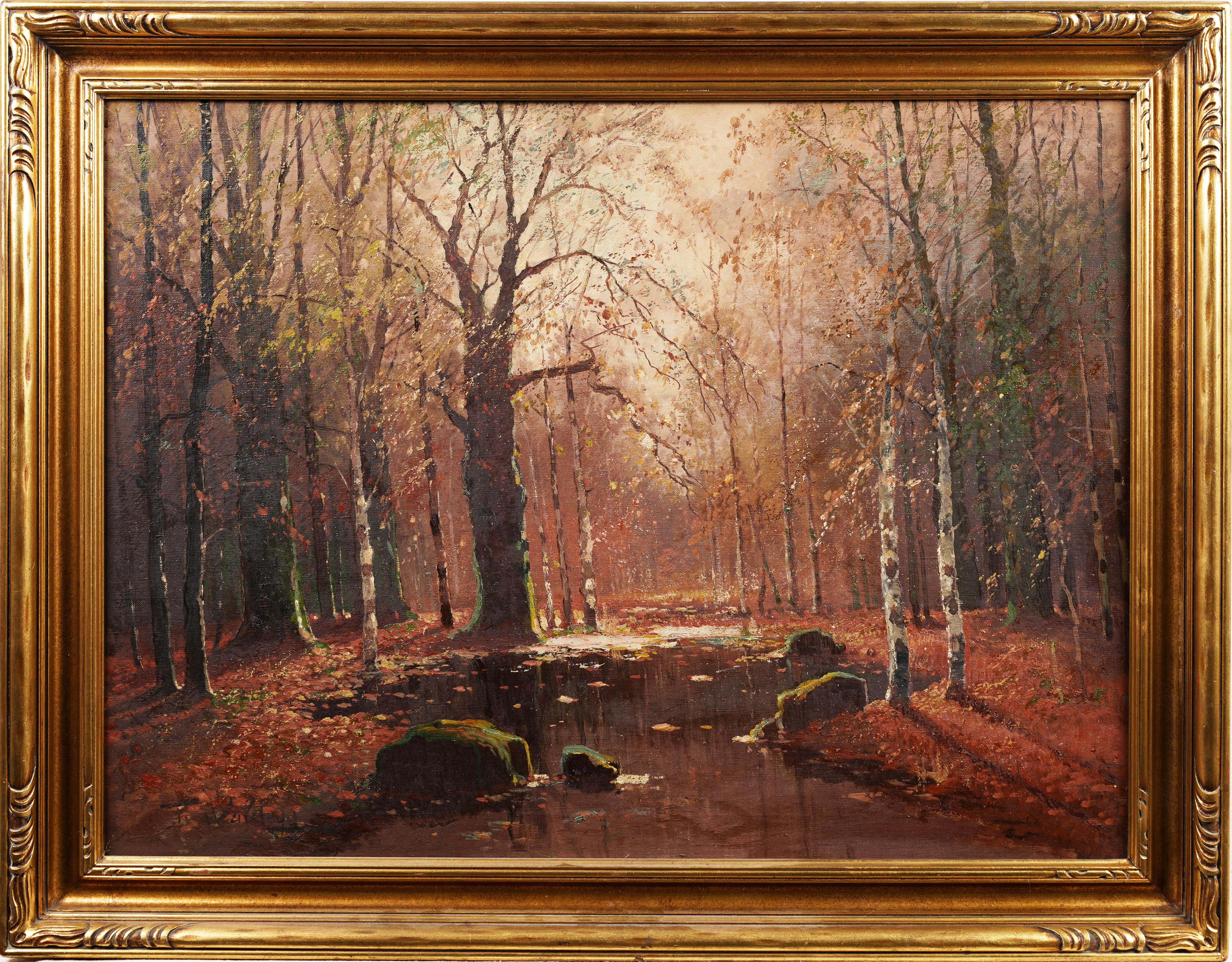 Antique American Impressionist Forest Interior Landscape Nice Frame Oil Painting - Brown Landscape Painting by Unknown