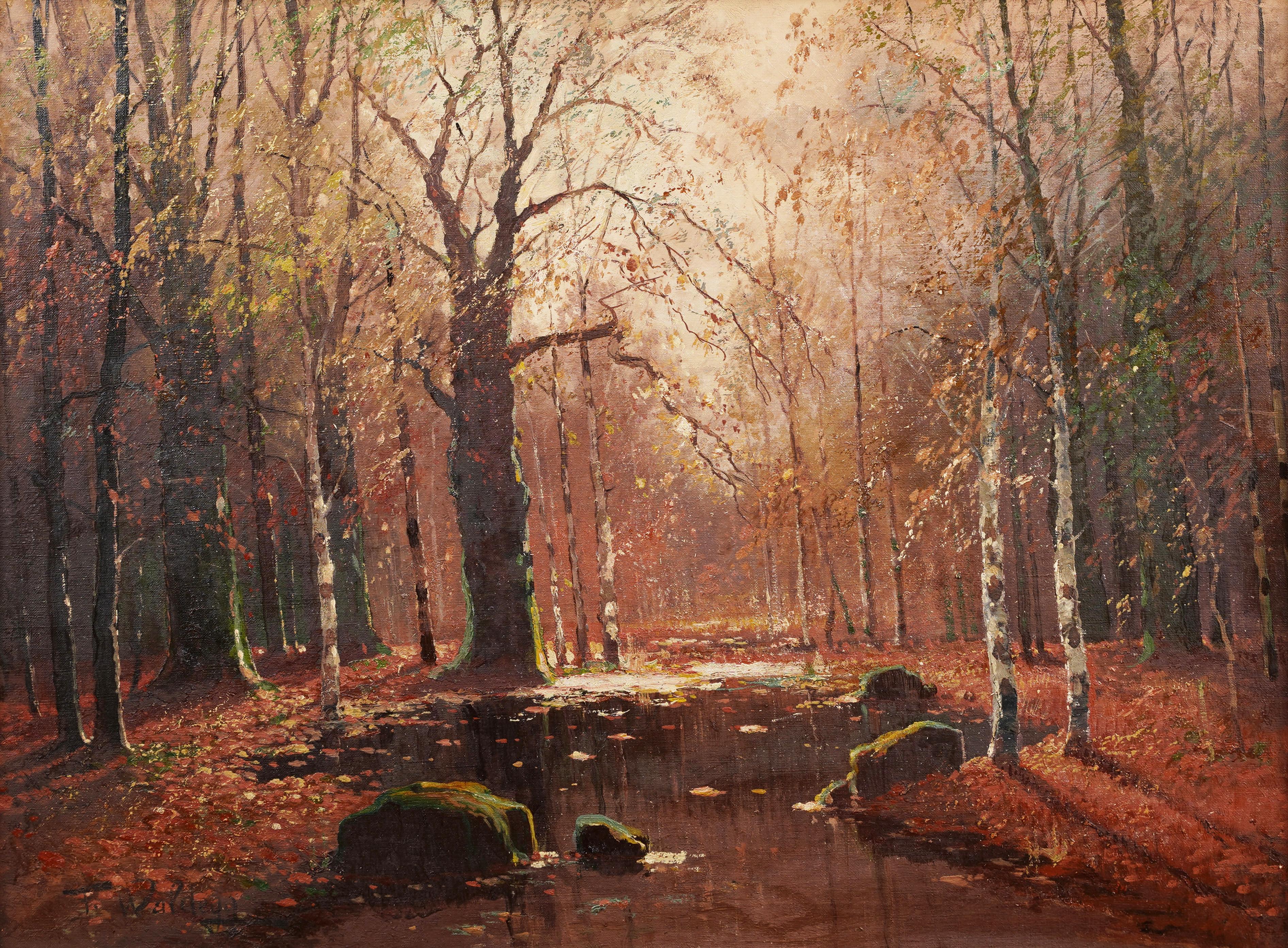Antique American Impressionist Forest Interior Landscape Nice Frame Oil Painting 1