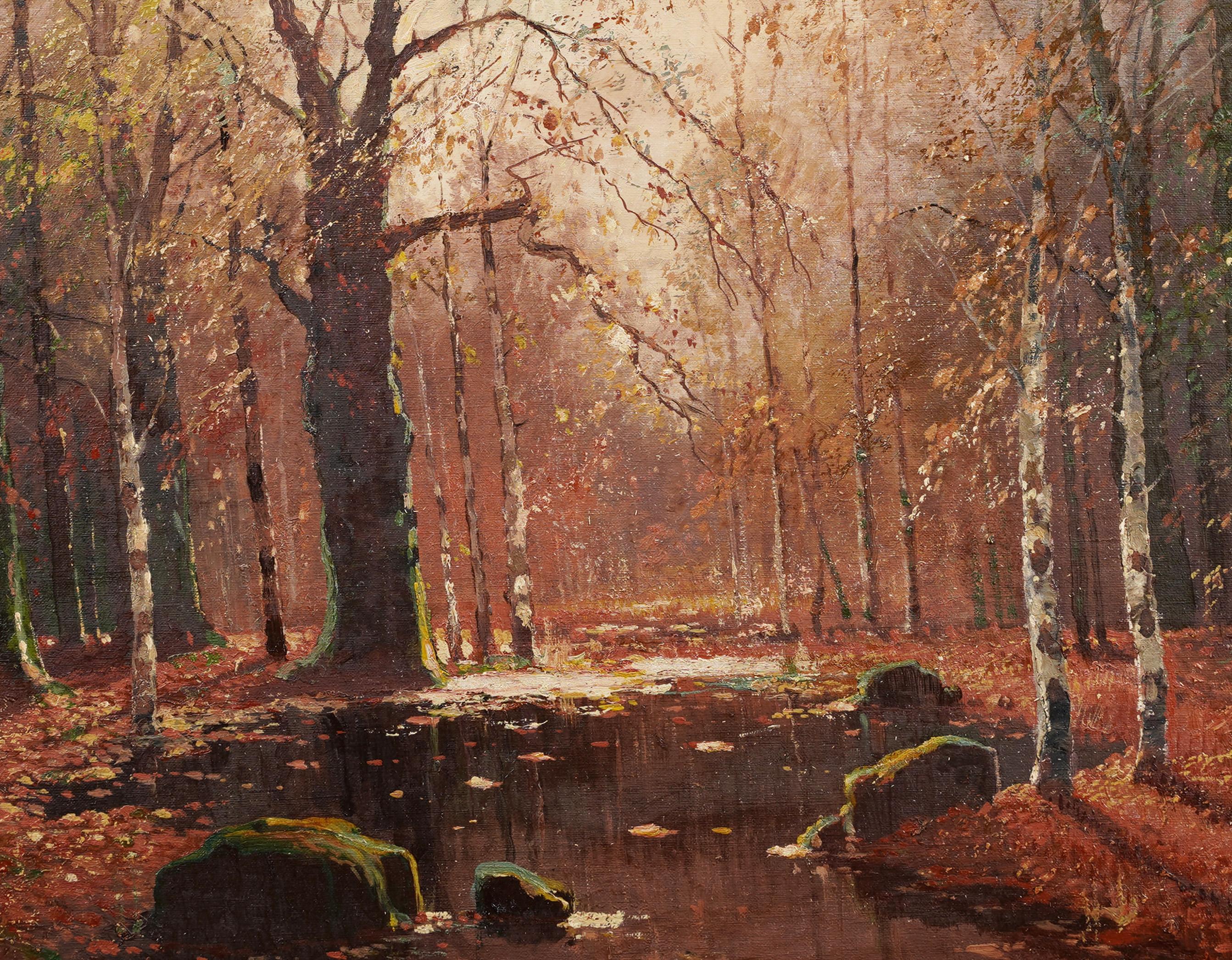 Antique American Impressionist Forest Interior Landscape Nice Frame Oil Painting 2