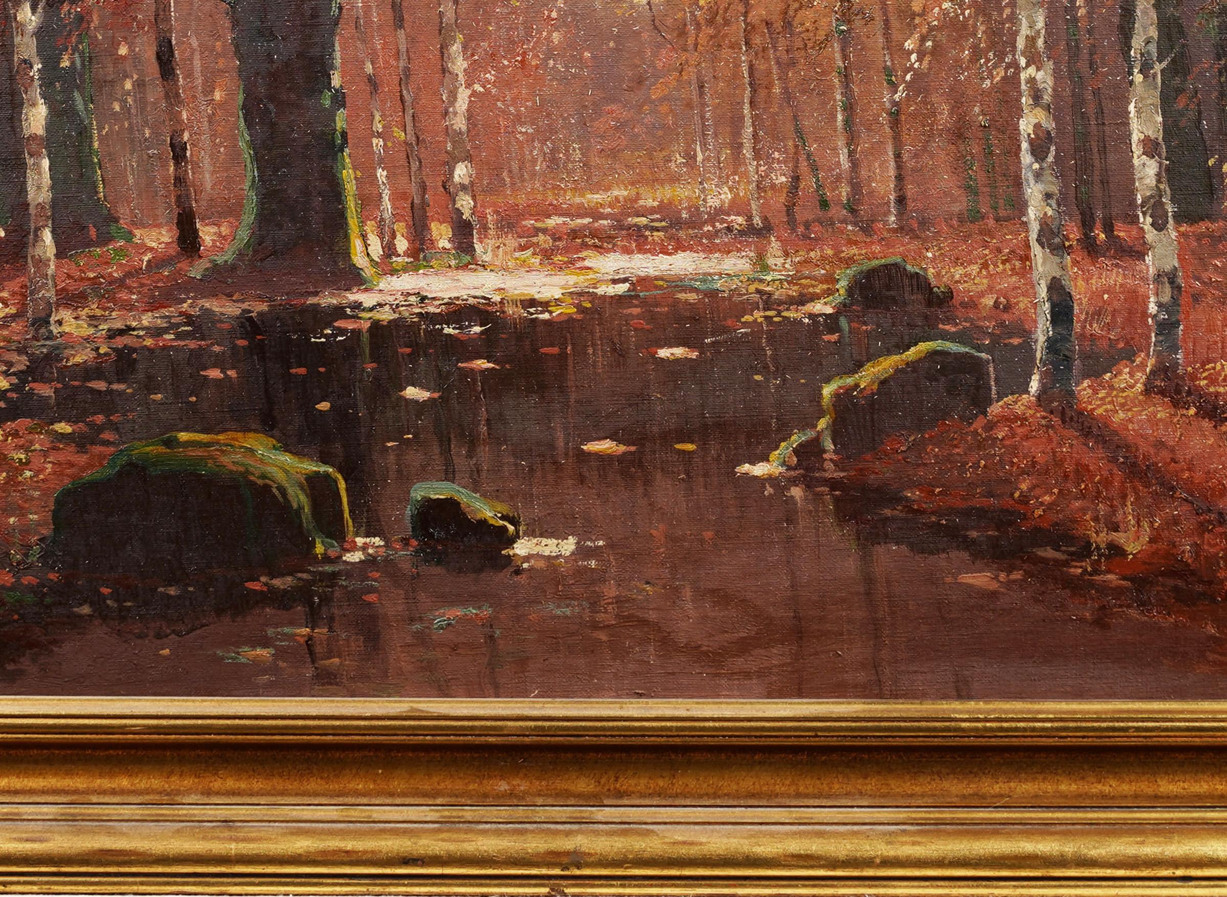 Antique American Impressionist Forest Interior Landscape Nice Frame Oil Painting 3