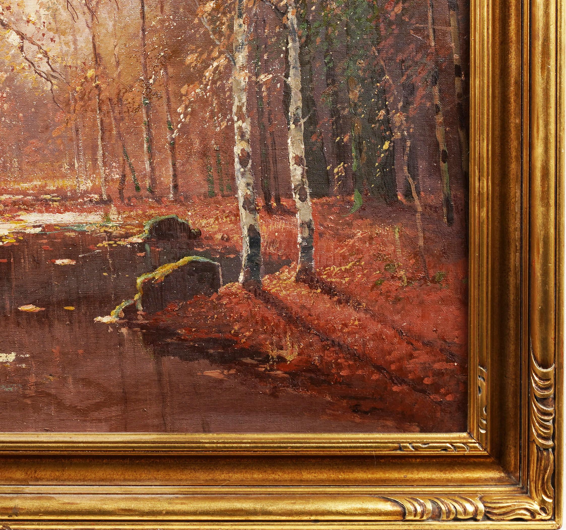 Antique American Impressionist Forest Interior Landscape Nice Frame Oil Painting 4