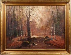 Antique American Impressionist Forest Interior Landscape Nice Frame Oil Painting