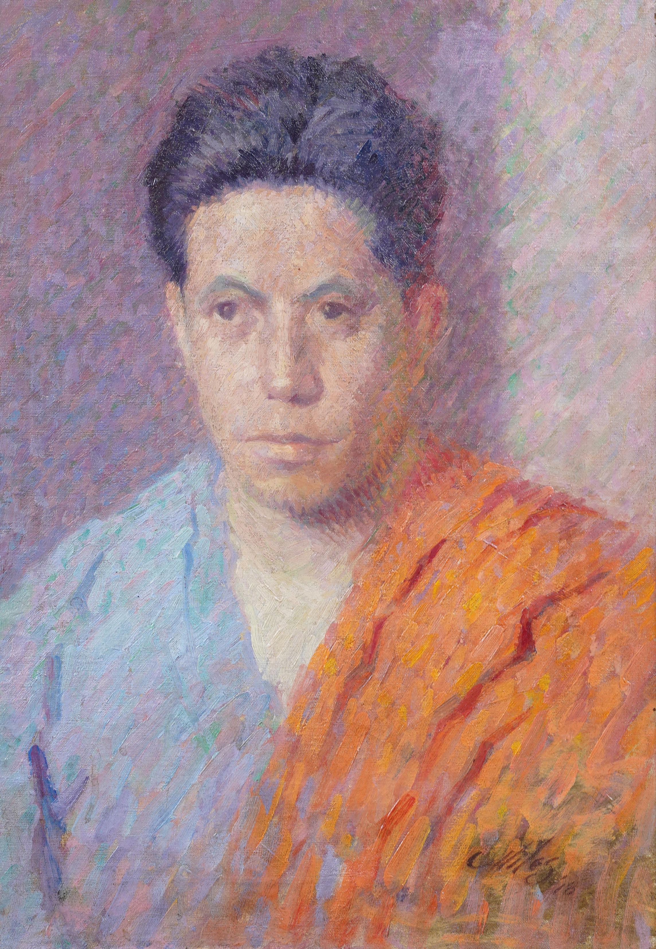 Ancienne peinture à l'huile impressionniste américaine encadrée 1918 Portrait d'homme signé - Marron Portrait Painting par Unknown